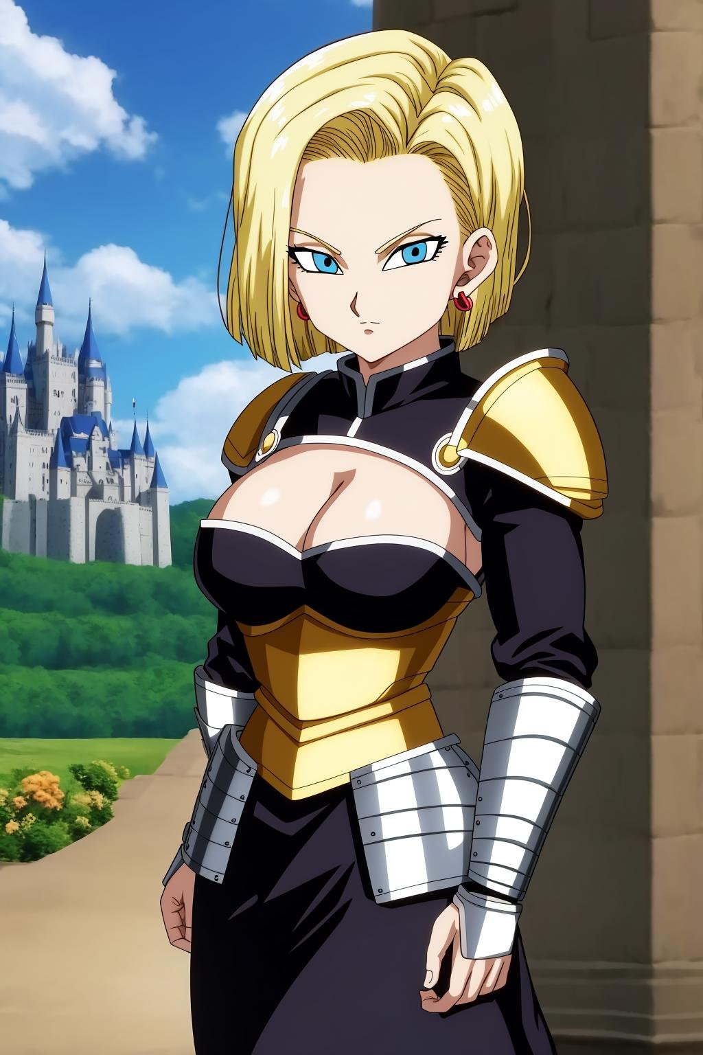 android18, 1girl, solo, breasts, looking_at_viewer, short_hair, blue_eyes, blonde_hair, cleavage, jewelry, medium_breasts, closed_mouth, standing, earrings, knight, armor, black_armor, castle, black_outfit, (perfect eyes)