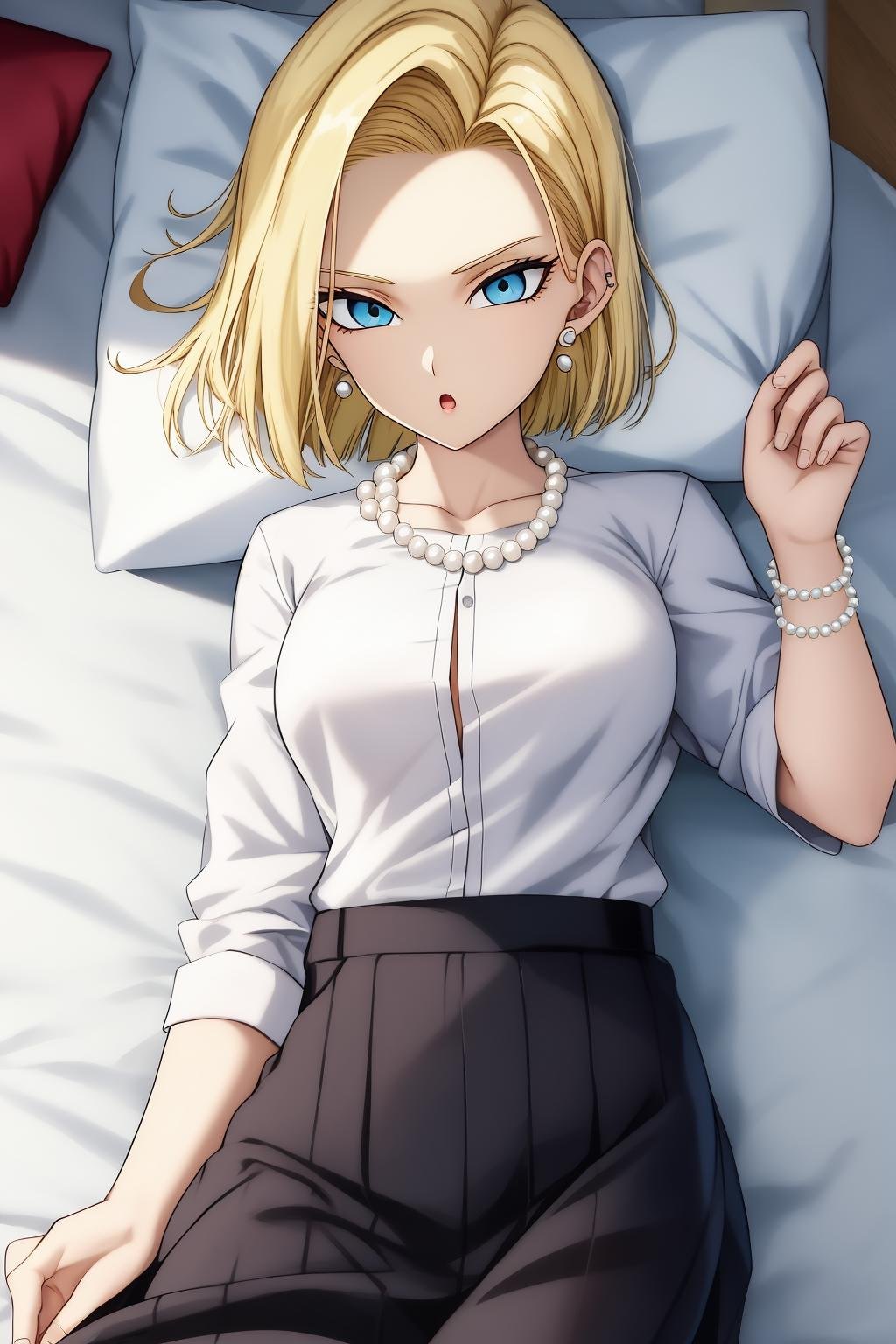 android18, 1girl, solo, long_hair, looking_at_viewer, short_hair, open_mouth, blue_eyes, blonde_hair, shirt, jewelry, collarbone, white_shirt, earrings, lying, parted_lips, on_back, necklace, :o, eyelashes, expressionless, bead_necklace, pearl_necklace, skirt, bed, office_suit