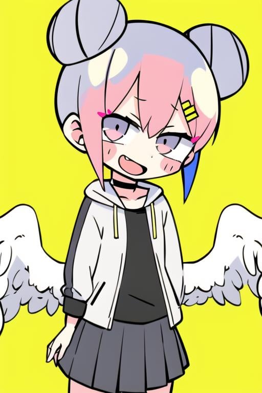 masterpiece, best quality, 1girl, solo, looking_at_viewer, smile, open_mouth, skirt, simple_background, shirt, hair_ornament, blue_hair, jacket, pink_hair, :d, multicolored_hair, pleated_skirt, wings, choker, hairclip, hood, pink_eyes, hair_bun, chibi, black_shirt, double_bun, black_choker, blush_stickers, white_skirt, yellow_background, feathered_wings, angel_wings, white_wings,<lora:teradatera:1>, chibi