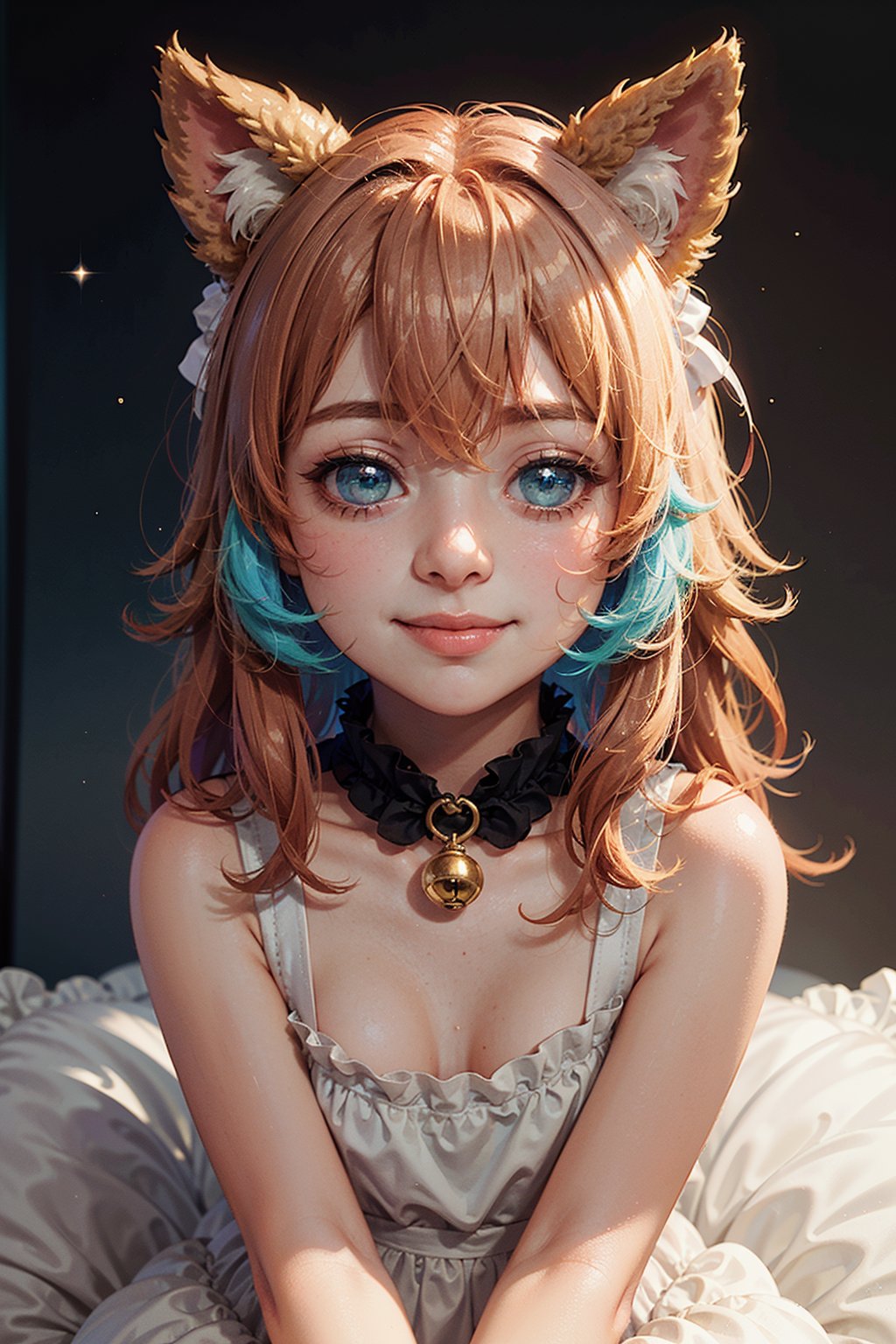 (best quality,4k,8k,highres,masterpiece:1.2),ultra-detailed,adorable,cartoon style,cuddly,playful,soft fur,expressive eyes,cheerful,smiling,fluffy ears,colorful,sparkling background,vibrant colors,pastel color palette,dreamy lighting,A cute, tiny chibi animel with sweet expression, sitting on a cloud-shaped pillow. The animel has a round head, big innocent eyes, and a small adorable smile. It has soft, fluffy fur and cute, perky ears. The animel is wearing a colorful bow on its head and a little bell collar around its neck. The background is filled with sparkling stars and clouds, creating a dreamy atmosphere. The overall image is bright and joyful, with vibrant colors in a pastel color palette. The lighting is soft and gentle, casting a warm glow on the animel and the surrounding scenery.