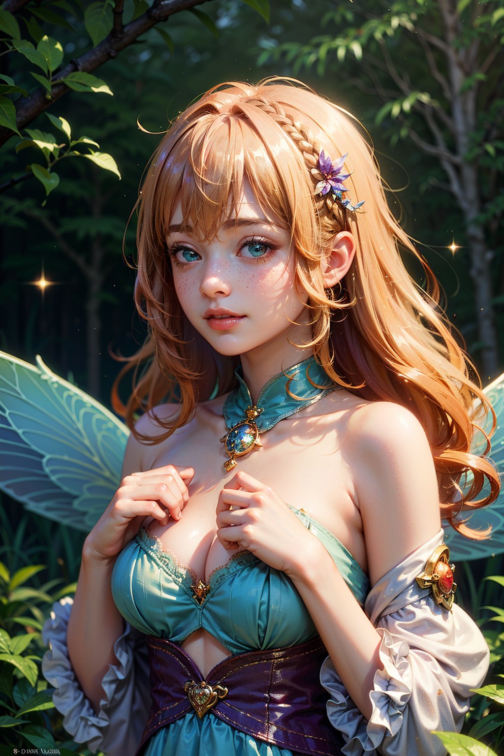 (best quality,4k,8k,highres,masterpiece:1.2),ultra-detailed,(realistic,photorealistic,photo-realistic:1.37),cute girl portrait,fantasy,fairy tale,colorful lights,whimsical style,sparkling eyes,strawberry blonde hair,rosy cheeks,dainty smile,charming freckles,magical background,enchanting atmosphere,vibrant flowers,dreamy dress,soft lighting,playful expression,natural surroundings,mystical creature,adorable features,pastel colors,magical sparkles,girl in a forest,floating bubbles,warm sunlight,pink and purple hues,ethereal glow,innocent beauty,fantastical elements,delicate features,joyful and carefree,painterly look,feminine and delicate,daydreaming gesture,lush greenery,fairy wings,glitter and shimmer,twinkling stars,enchanted eyes,serene and peaceful,enchanted forest fairy.