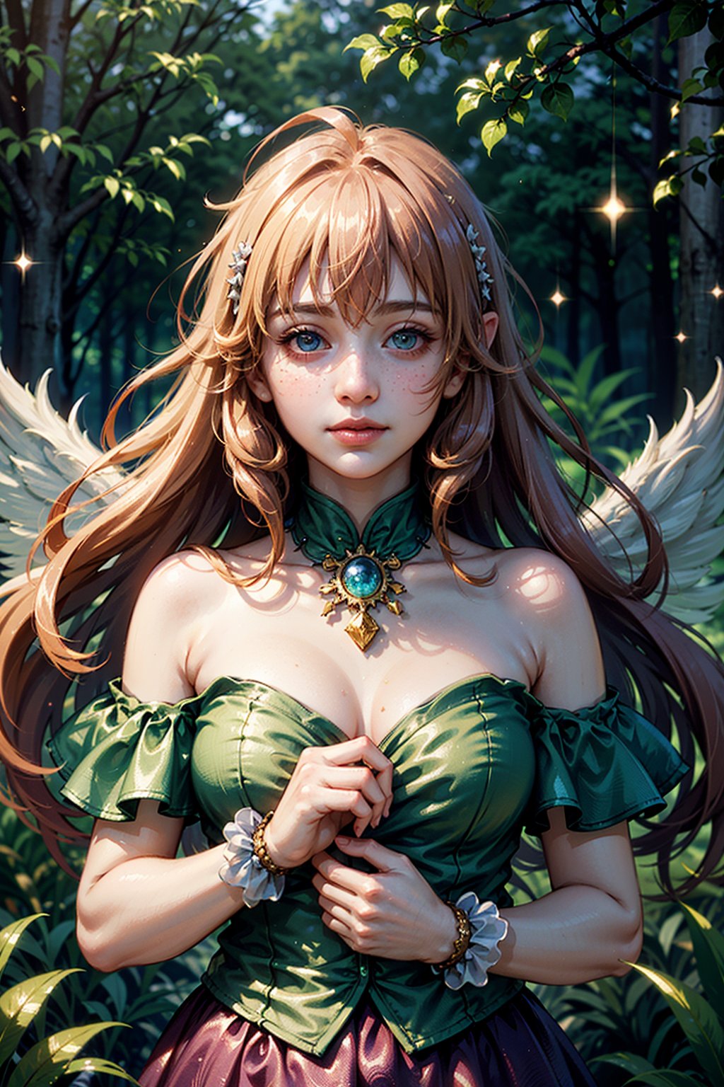 (best quality,4k,8k,highres,masterpiece:1.2),ultra-detailed,(realistic,photorealistic,photo-realistic:1.37),cute girl portrait,fantasy,fairy tale,colorful lights,whimsical style,sparkling eyes,strawberry blonde hair,rosy cheeks,dainty smile,charming freckles,magical background,enchanting atmosphere,vibrant flowers,dreamy dress,soft lighting,playful expression,natural surroundings,mystical creature,adorable features,pastel colors,magical sparkles,girl in a forest,floating bubbles,warm sunlight,pink and purple hues,ethereal glow,innocent beauty,fantastical elements,delicate features,joyful and carefree,painterly look,feminine and delicate,daydreaming gesture,lush greenery,fairy wings,glitter and shimmer,twinkling stars,enchanted eyes,serene and peaceful,enchanted forest fairy.