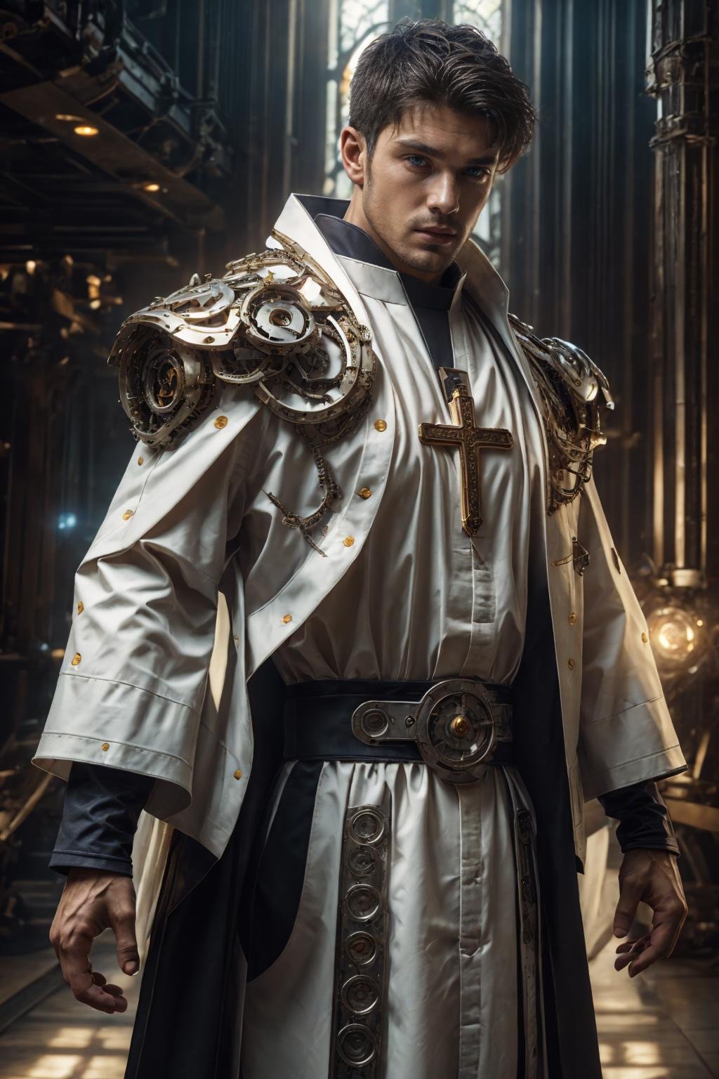 realistic, ((masterpiece)), ((best quality)), (detailed), cinematic, dynamic lighting, soft shadow, detailed background, professional photography, depth of field, intricate, detailed face, subsurface scattering, realistic hair, realistic eyes, muscular, manly, photo of a handsome man, mech4rmor, wearing mechanical priest robe, glowing, dynamic pose, fighting stance, (30 years old), black hair, cross,