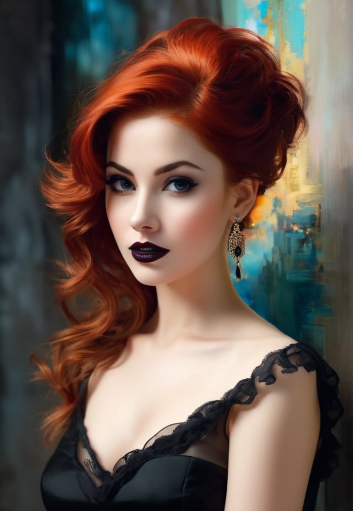 Portrait By Pino Daeni, Vladimir Volegov, Alberto Seveso, with voluminous Red hair, Detailed background, Dark art, Black lipstick, perfect details, Night, colorful, cute, Perfect face.
