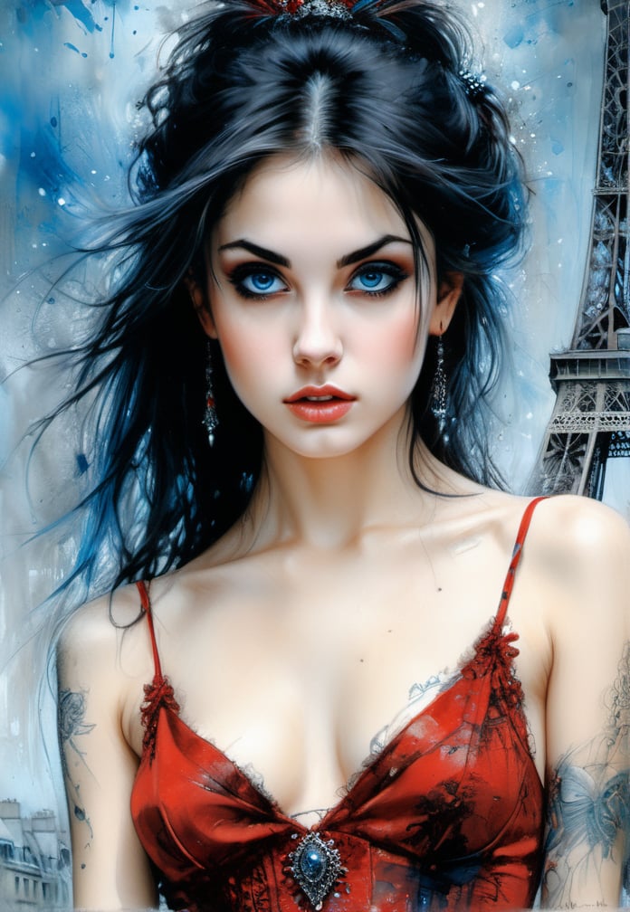 Art by Carne Griffiths, Luis Royo, Beautiful young woman in Paris with red dress, Big eyes, Blue eyes and black hair, long and voluminous, tattoed, oil paint, At night, Stunning beauty, detailed masterpiece, sharpness.
