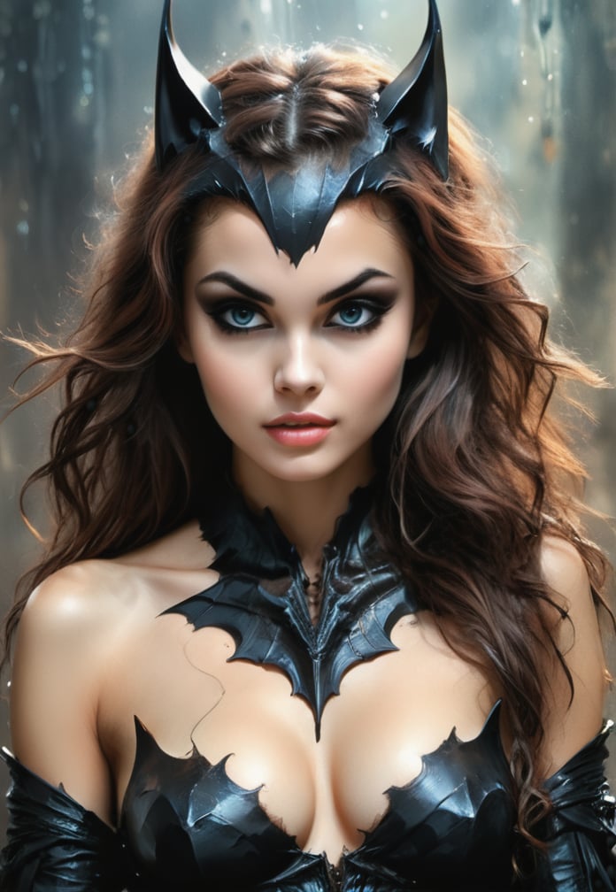 Bat Woman, Beautiful, attractive, extremely realistic, Dark fantasy, Long, voluminous hair, Eyes painted black, High image quality, Young woman, 20 years old, medium breast, alcohol ink, masterpiece, detailed, sharpness, detailed background, dramatic light, 3D stop-motion, Carne Griffiths, Luis Royo, Alberto Seveso .
