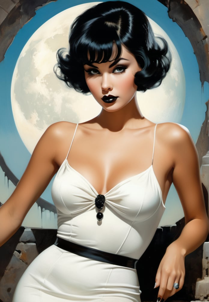 Digital illustration by Frank Frazetta, Boris Vallejo, Keith A. Parkinson, Alberto Seveso. Beautiful young woman, with short black hair with bangs, white dress with spaghetti straps and knitwear, black lipstick, detailed background, alcohol ink.
