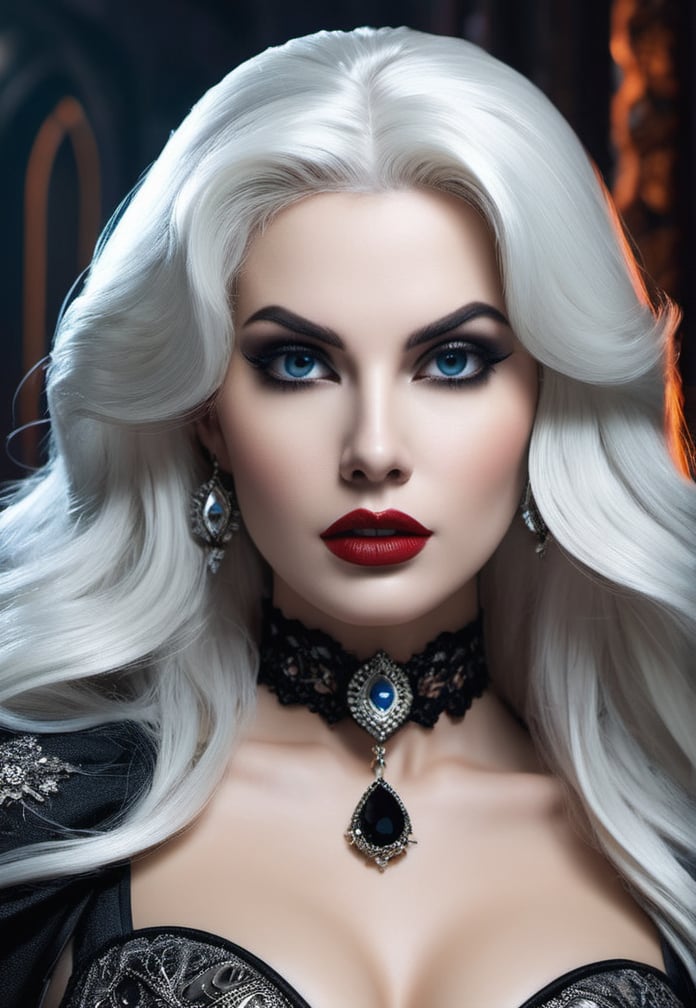 A true to life version of Lady Death from Cry For Dawn a creation of Joseph Michael Linsner a very beautiful  Lady Death, gothic cosmetics, realistic eyes, 
 pale skin color , white hair, dangerous, mesmerizing and jaw dropping gorgeous.Alluring photography of [LadyDeath|biomechanical|cyberpunk] ultra high resolution images, trending on artstation, Isometric, Centered hyper-reallistic cover photo, awesome full color, hand drawn, dark, gritty, mucha, klimt, erte 12k, high definition, cinematic,