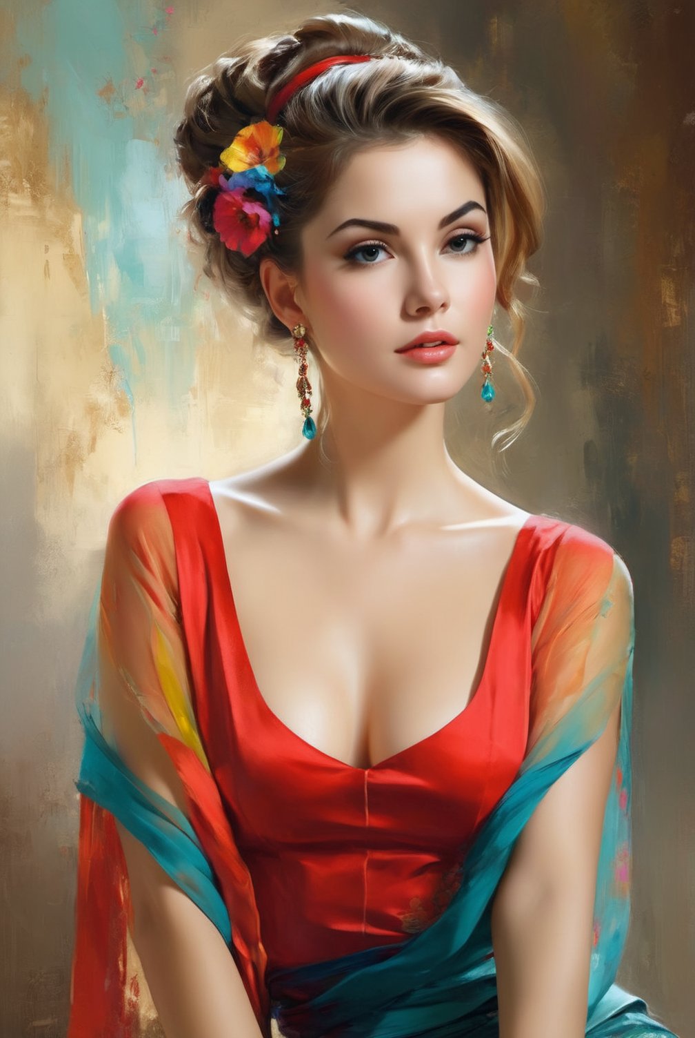 Portrait By Pino Daeni, Vladimir Volegov, Alberto Seveso, Rogue. hair tied up, Detailed background, perfect details, colorful, cute, Perfect face.
