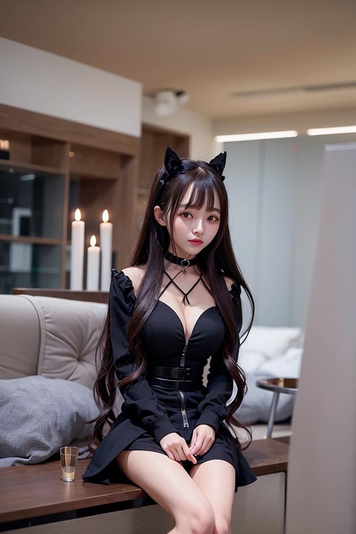 1girl, black_choker, black_dress, black_hair, breasts, choker, cleavage, dress, handgun, high_heels, jacket, lips, long_hair, medium_breasts, sitting, solo,assertive female,evil smile,cute,16 years old,high_heels,lips,realistic,straight long hair,tall,long legs,evil smile,erotic,tattoo,<lora:zhaoYurou:1>