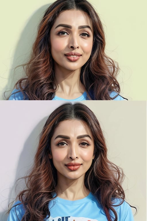 masterpiece, best quality, <lora:MalaikaArora:1> MalaikaAroraa pencil drawing, funny face expressions of MalaikaArora in action, color splash on tshirt, by [joaquín sorolla:akira toriyama:0.56]