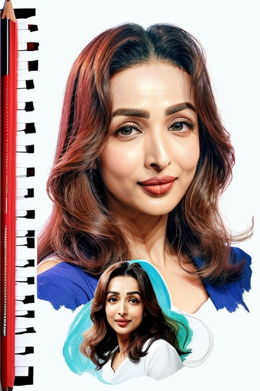 masterpiece, best quality, <lora:MalaikaArora:1> MalaikaAroraa pencil caricature, funny face of MalaikaArora in action, color splash on notebook, by [dorothea tanning:shūji terayama:0.56]