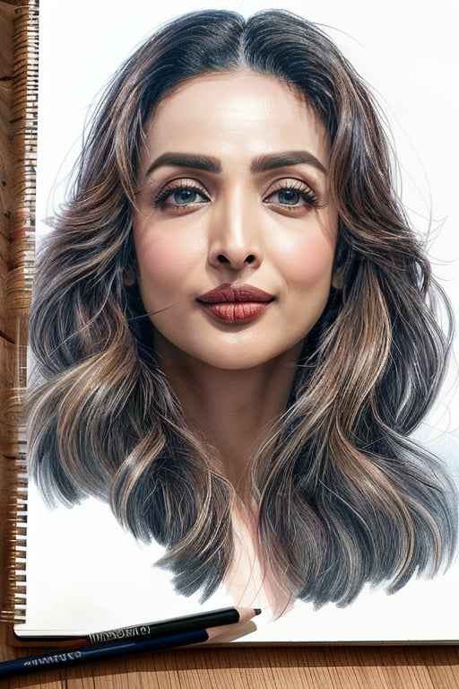 masterpiece, best quality, <lora:MalaikaArora:1> MalaikaAroraa pencil drawing of face of MalaikaArora in action, color splash on notebook, by [chris ofili:leon kossoff:0.56]