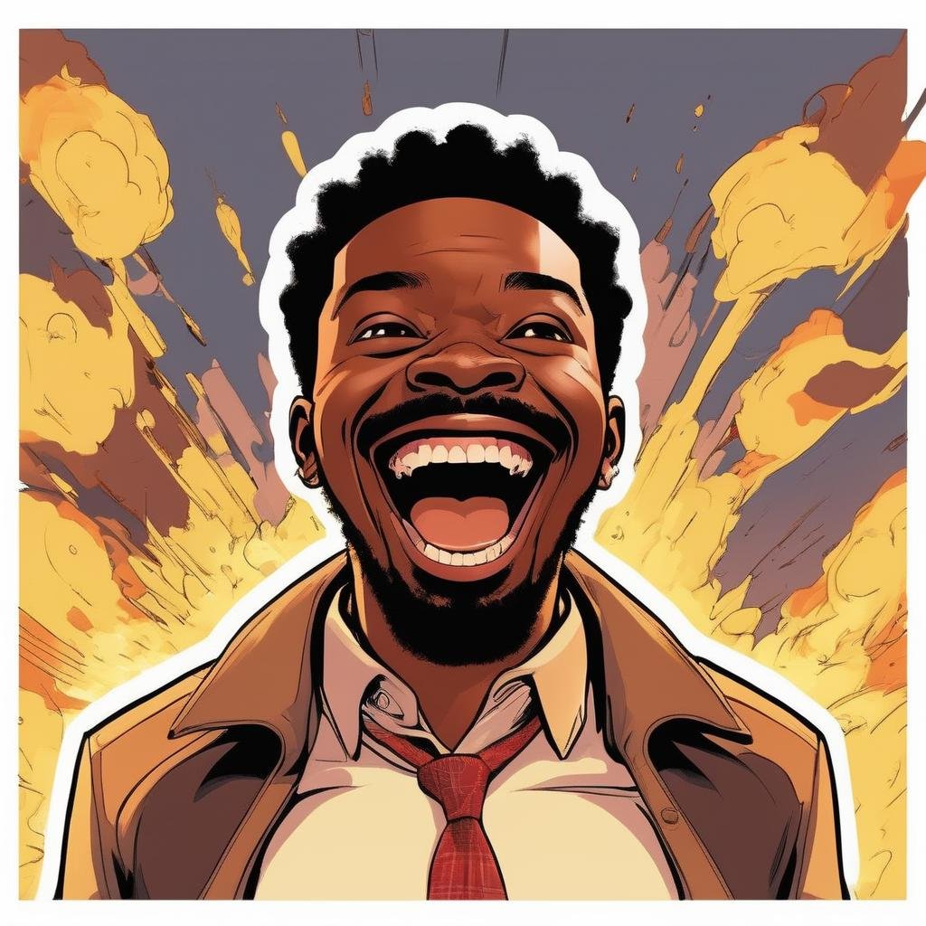 A black man with a happy face, explosive scene , in the style of ExCRedmAF <lora:ExplosionCartoon-ExCRedmAF:1>