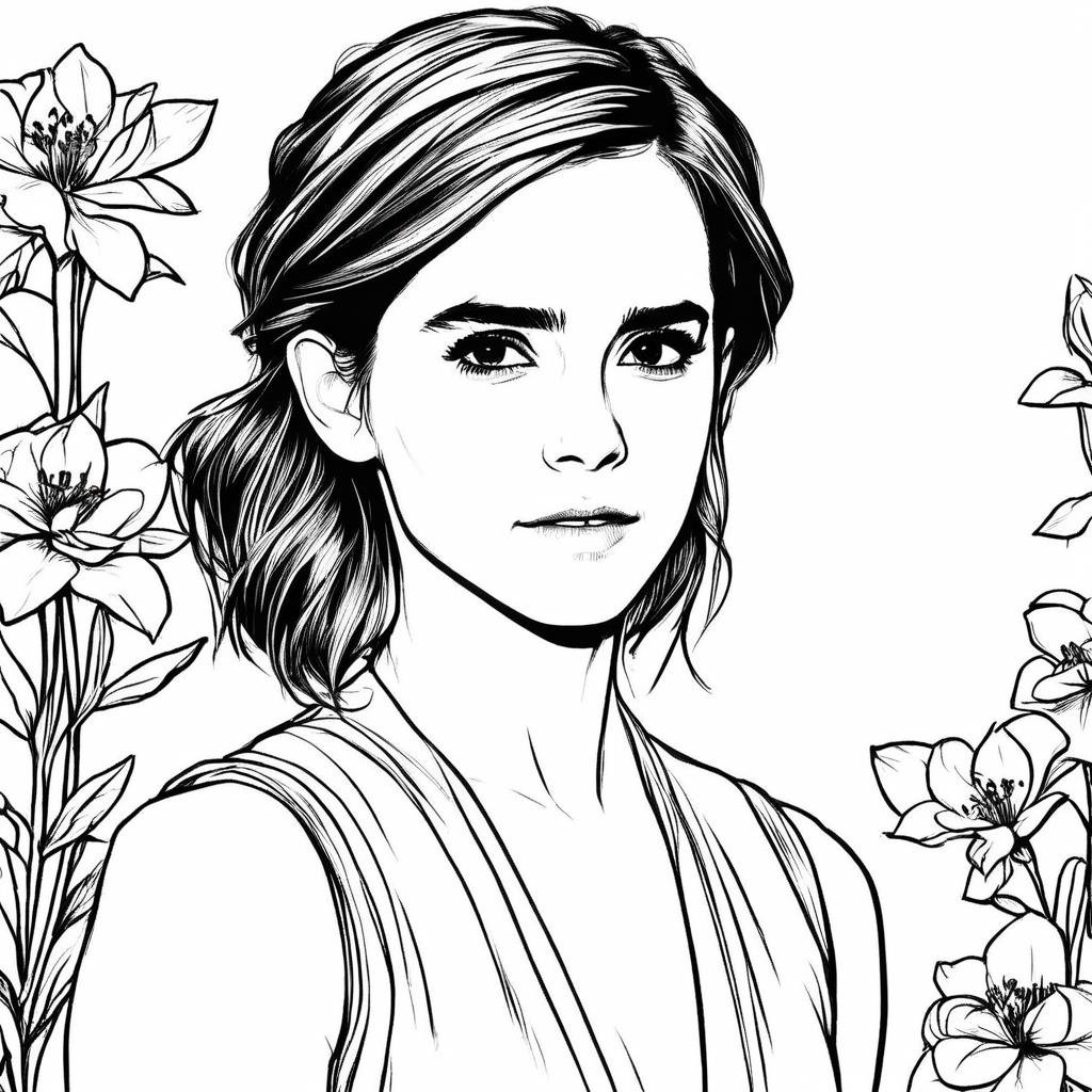 a beautiful drawing of Emma Watson, black and white, black & whitE,,Coloring Book, ColoringBookAF, <lora:ColoringBookRedmond-ColoringBook-ColoringBookAF:1>