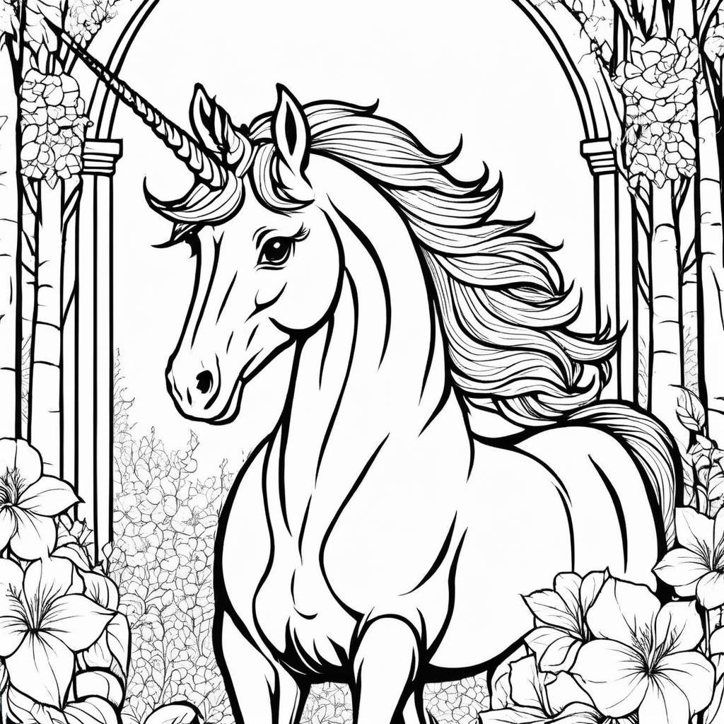 a beautiful drawing of unicorn, black and white, black & white,,Coloring Book, ColoringBookAF, <lora:ColoringBookRedmond-ColoringBook-ColoringBookAF:1>