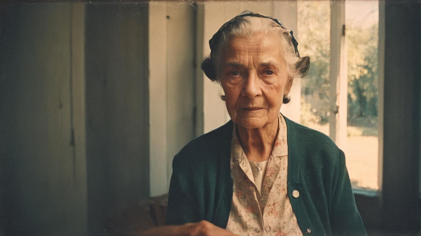 Vintage Photograph, Elderly Woman Portrait, Analog Film, Wearing Time-worn Clothes, 1950s, Soft Lighting, Wrinkled Skin Texture, Simple Background, Rule of Thirds Composition, Visible Grain, Shallow Focus, Amelia Earhar,analog, AnalogRedmAF,<lora:AnalogRedmondV2-Analog-AnalogRedmAF:1>