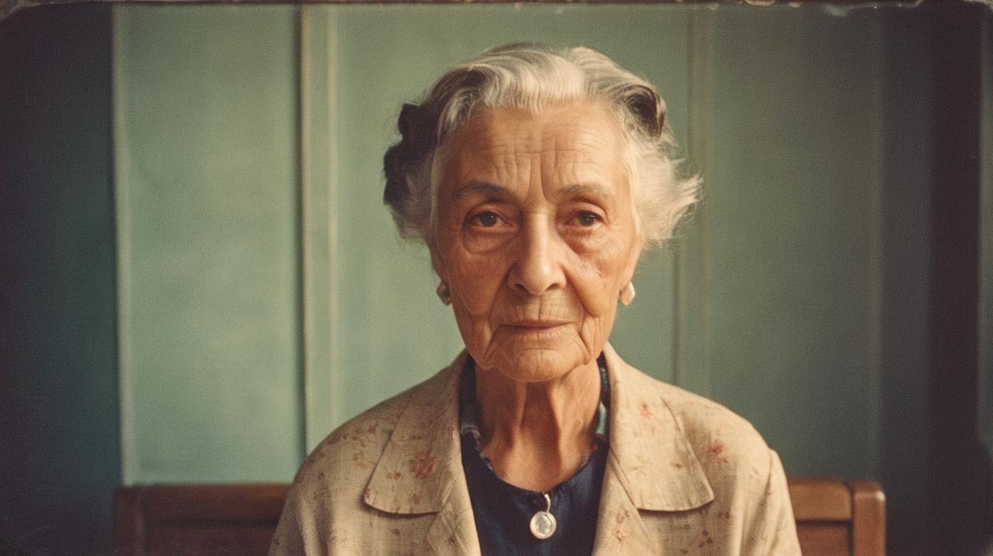 Vintage Photograph, Elderly Woman Portrait, Analog Film, Wearing Time-worn Clothes, 1950s, Soft Lighting, Wrinkled Skin Texture, Simple Background, Rule of Thirds Composition, Visible Grain, Shallow Focus, Amelia Earhar,analog, AnalogRedmAF,<lora:AnalogRedmondV2-Analog-AnalogRedmAF:1>