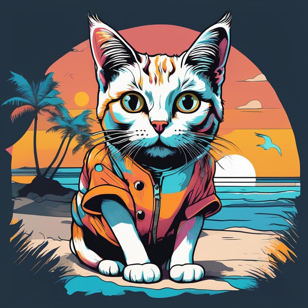 Illustrated T-shirt, Whimsical Cat Character, Sunset Beach Landscape, Tropical Color Palette, Fabric Texture, Bold Lineart, Dynamic Perspective , TshirtDesignAF<lora:TshirtDesignAF:1>