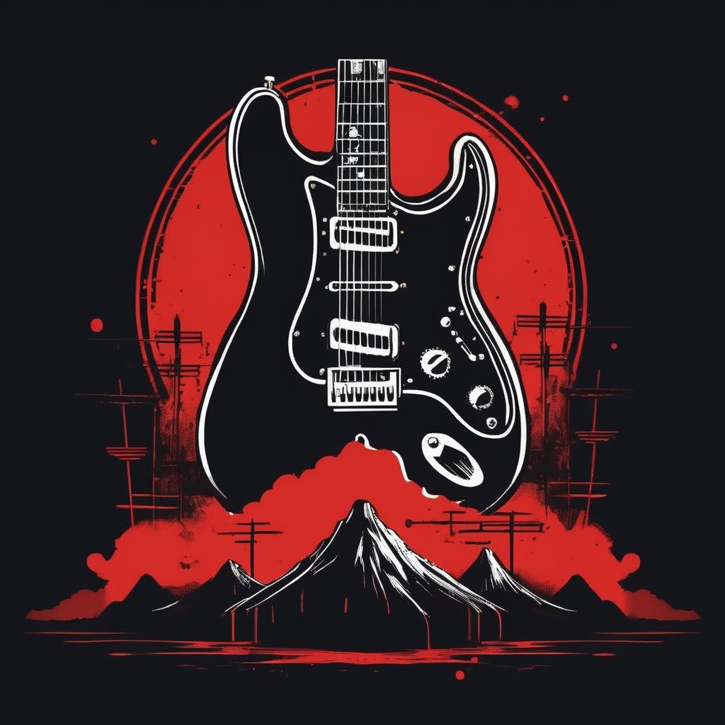 Rock Band T-shirt, Guitar Object, Concert Stage Landscape, Black and Red Color Palette, Leather Texture, Grunge Style, Frontal Perspective, TshirtDesignAF<lora:TshirtDesignAF:1>