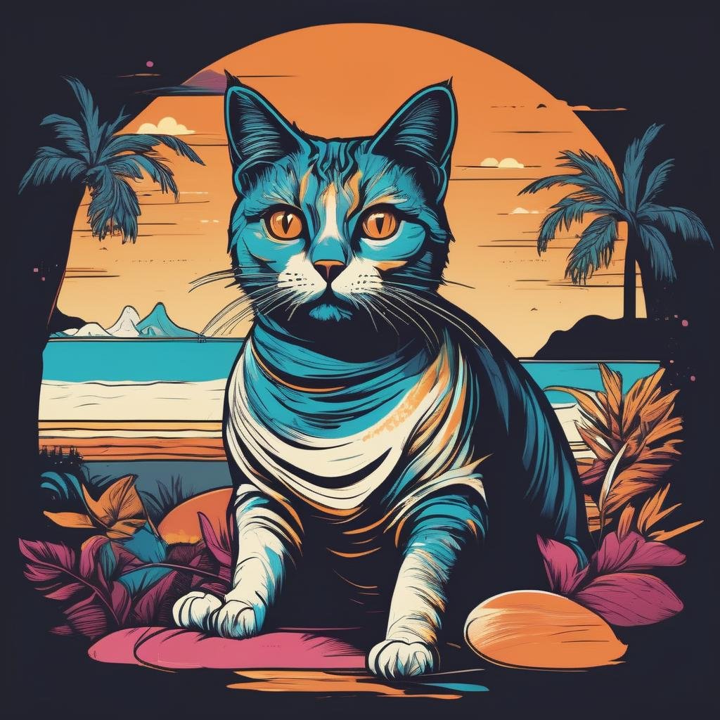 Illustrated T-shirt, Whimsical Cat Character, Sunset Beach Landscape, Tropical Color Palette, Fabric Texture, Bold Lineart, Dynamic Perspective , TshirtDesignAF<lora:TshirtDesignAF:1>