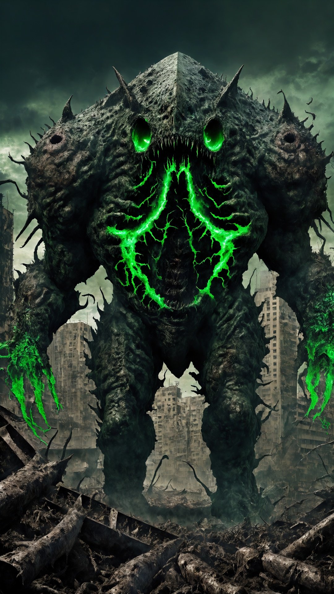 (Apocalyptic World: 1.5) (Chaos Behemoth) (Poster Style) (Biohazard Aberration) (Apocalyptic Novel) This huge monster is huge, with a swollen body and skin covered with biochemical tumors and strange lumps. Its eyes are green light sources, its mouth is a misplaced opening, it makes chaotic screams, and its limbs are bent and misaligned.