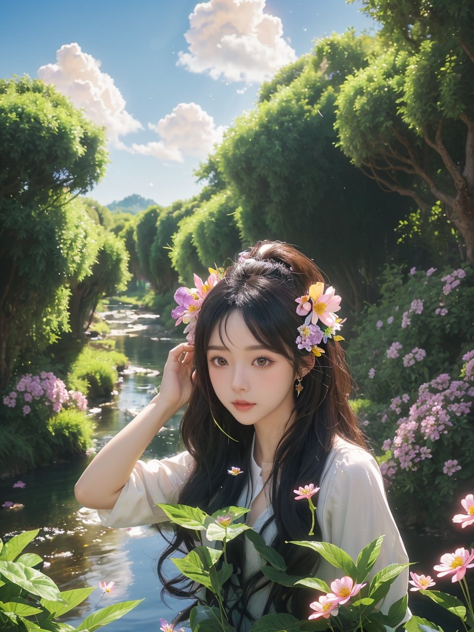 masterpiece,(ultra detailed:1.3),best quality,(sparkle:1.2),(Fantasy World:1.4),1girl,fox ear,long hair,white hair,hair flowers,bug,butterfly,flower,cloud,full body,The background is a beautiful village with streams,trees,and a small amount of colorful flowers and plants,