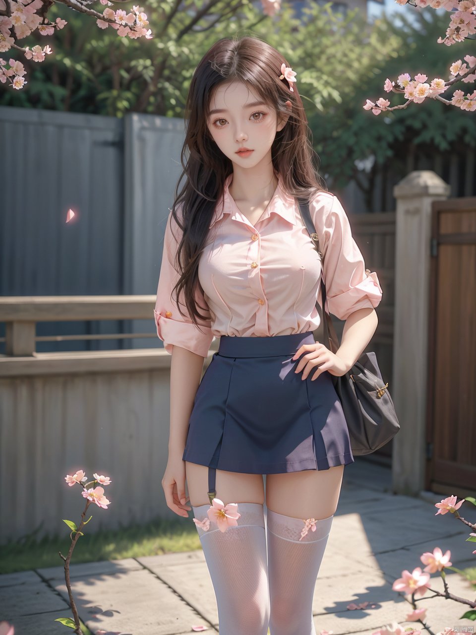  masterpiece,1 Girl,18 years old,Stand,Look at me,Lovely,Sweet,Wearing a school uniform,Students,Tie,Miniskirt,Outdoors,Aisle,Spring,Peach blossom,Flying petals,Long hair,textured skin,super detail,best quality,