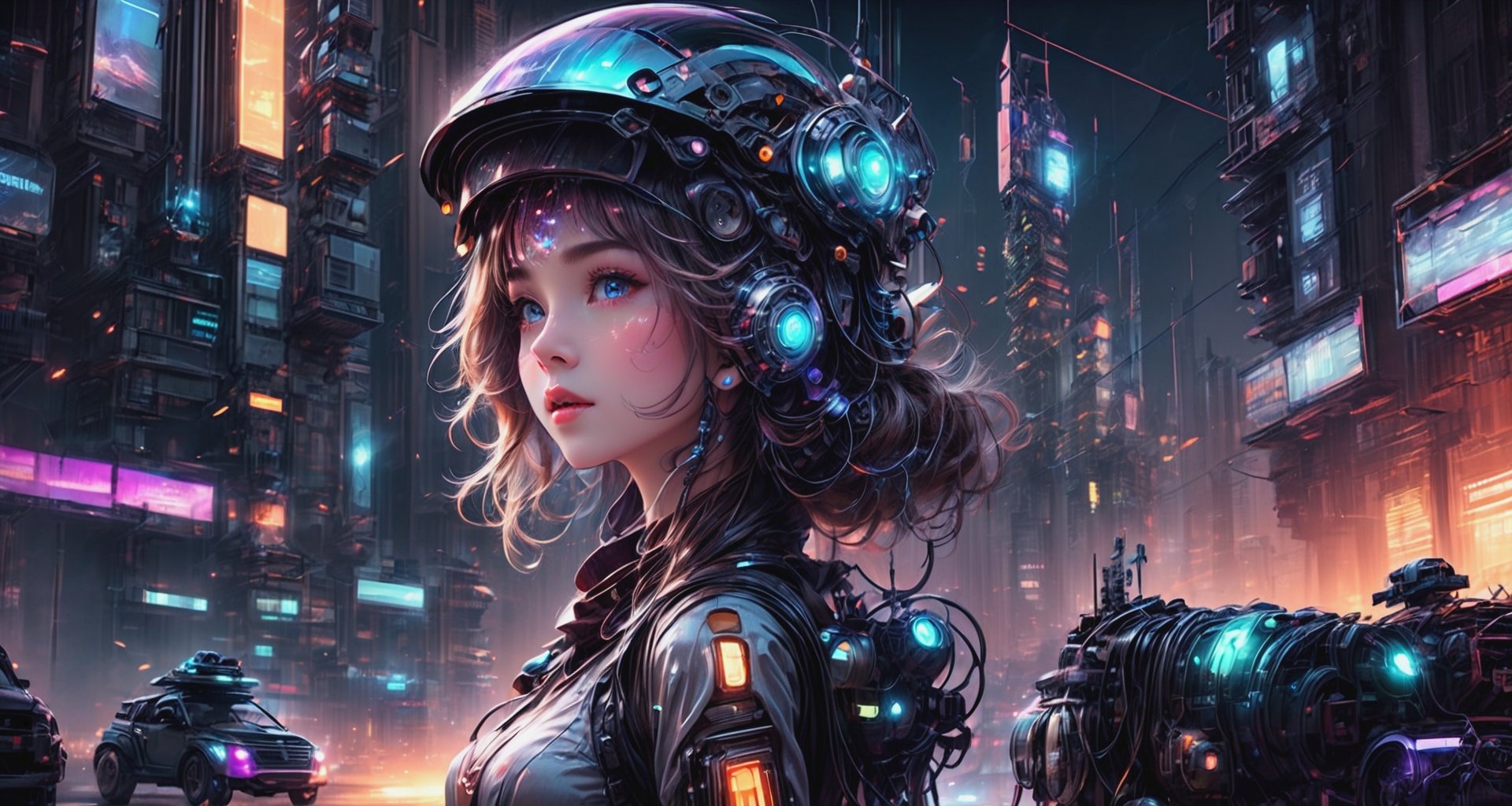 Future City,1 girl,technology helmet,damaged face,mechanical parts,wires,holographic projection,mechanical body,luminous parts,driving car,cab,looking back,<lora:hsxvkhV2:0.8>,