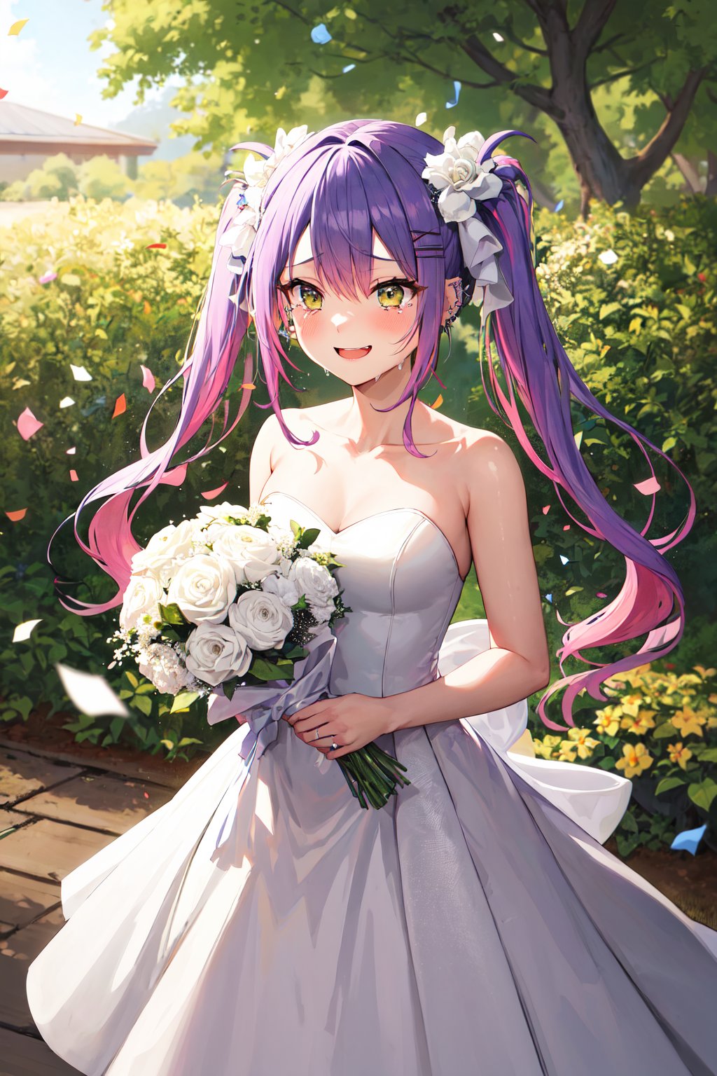 masterpiece, best quality, highres, bbtowa, long hair, twintail, hair ornament, piercing, demon tail, <lora:tokoyami_towa_v1:0.7>, garden, standing, cowboy shot, wedding dress, white dress, strapless, smile, tears, holding bouquet, confetti, 