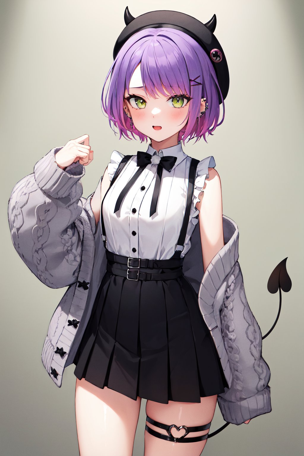 masterpiece, best quality, highres, bbtowa, short hair, black headwear, beret, fake horns, hair ornament, piercing, demon tail, black bowtie, white shirt, sleeveless, off shoulder, grey cardigan, open clothes, sleeves past wrists, black skirt, suspender skirt, thigh strap, <lora:tokoyami_towa_v1:0.7>, cowboy shot, standing, 