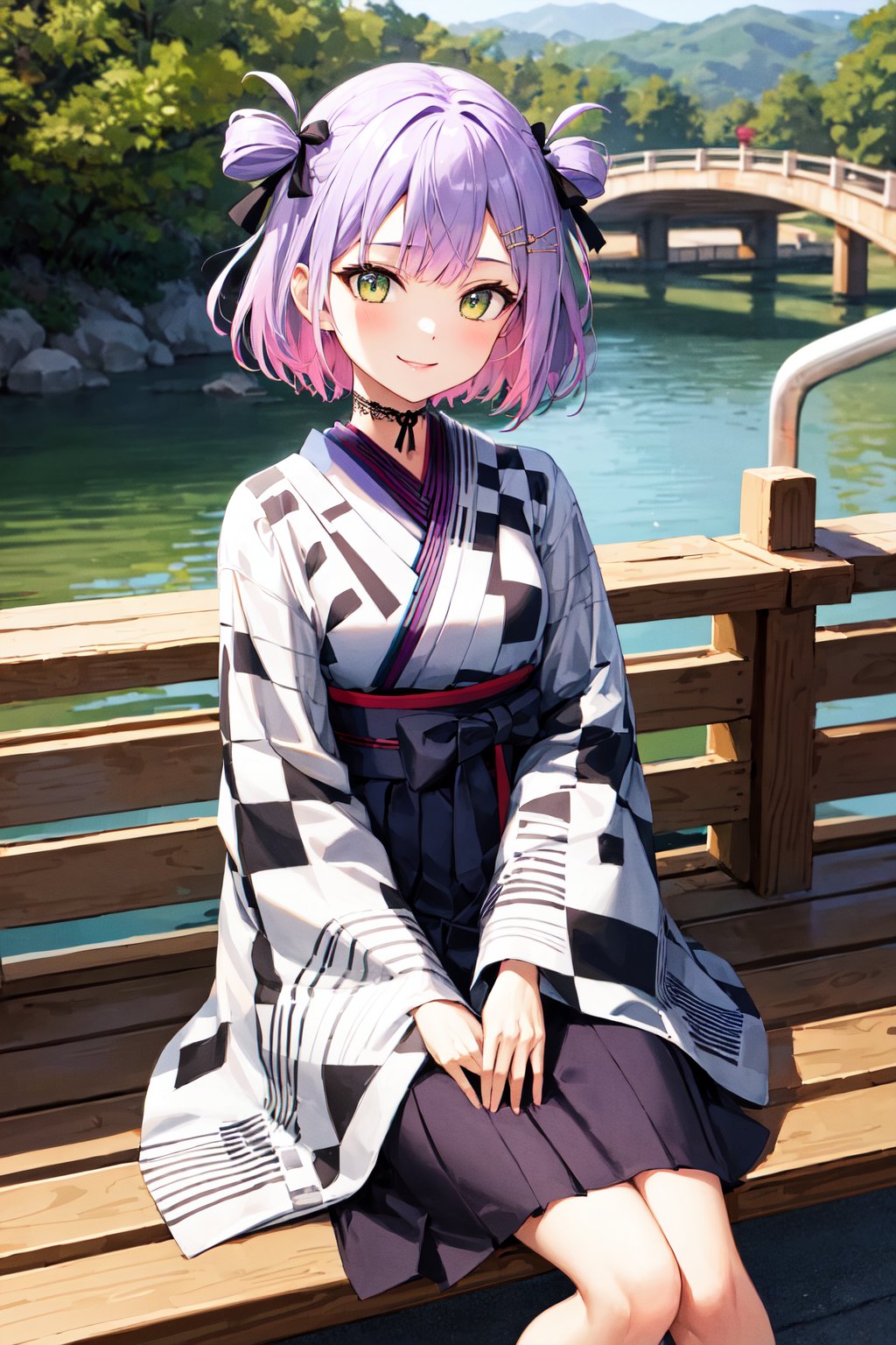 masterpiece, best quality, highres, cctowa, short hair, two side up, hair ribbonhair ornament, lace choker, plaid, japanese clothes, (checkered kimono:1.1), wide sleeves, fishnet gloves, hakama skirt, <lora:tokoyami_towa_v1:0.7>, sitting, bench, bridge, smile,