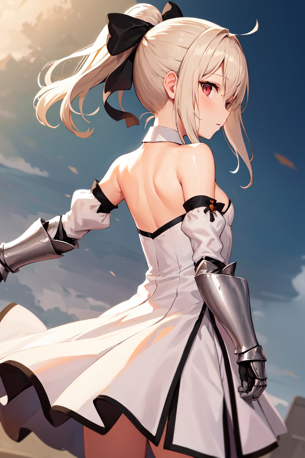 masterpiece, best quality, highres, aaillya, ponytail, sidelocks, hair bow, black bow, small breasts, detached collar, bare shoulders, armor, strapless dress, white dress, detached sleeves, gauntlets, <lora:illyasviel_von_einzbern_(fate_kaleid_liner)_v1:0.7>, from behind, looking at viewer, 