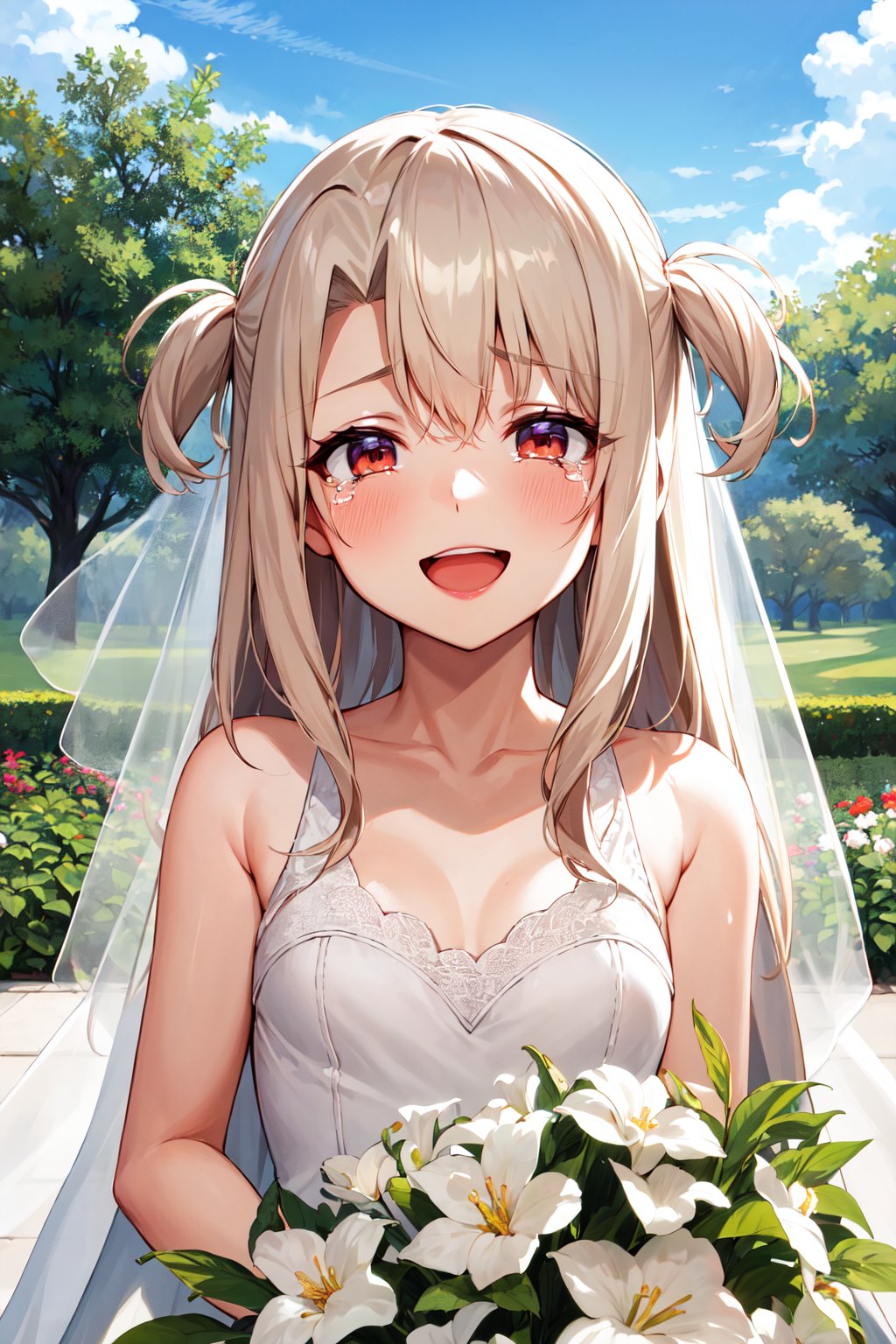 masterpiece, best quality, highres, aaillya, long hair, two side up, small breasts, <lora:illyasviel_von_einzbern_(fate_kaleid_liner)_v1:0.7>, wedding dress, smile, open mouth, upper body, tears, garden