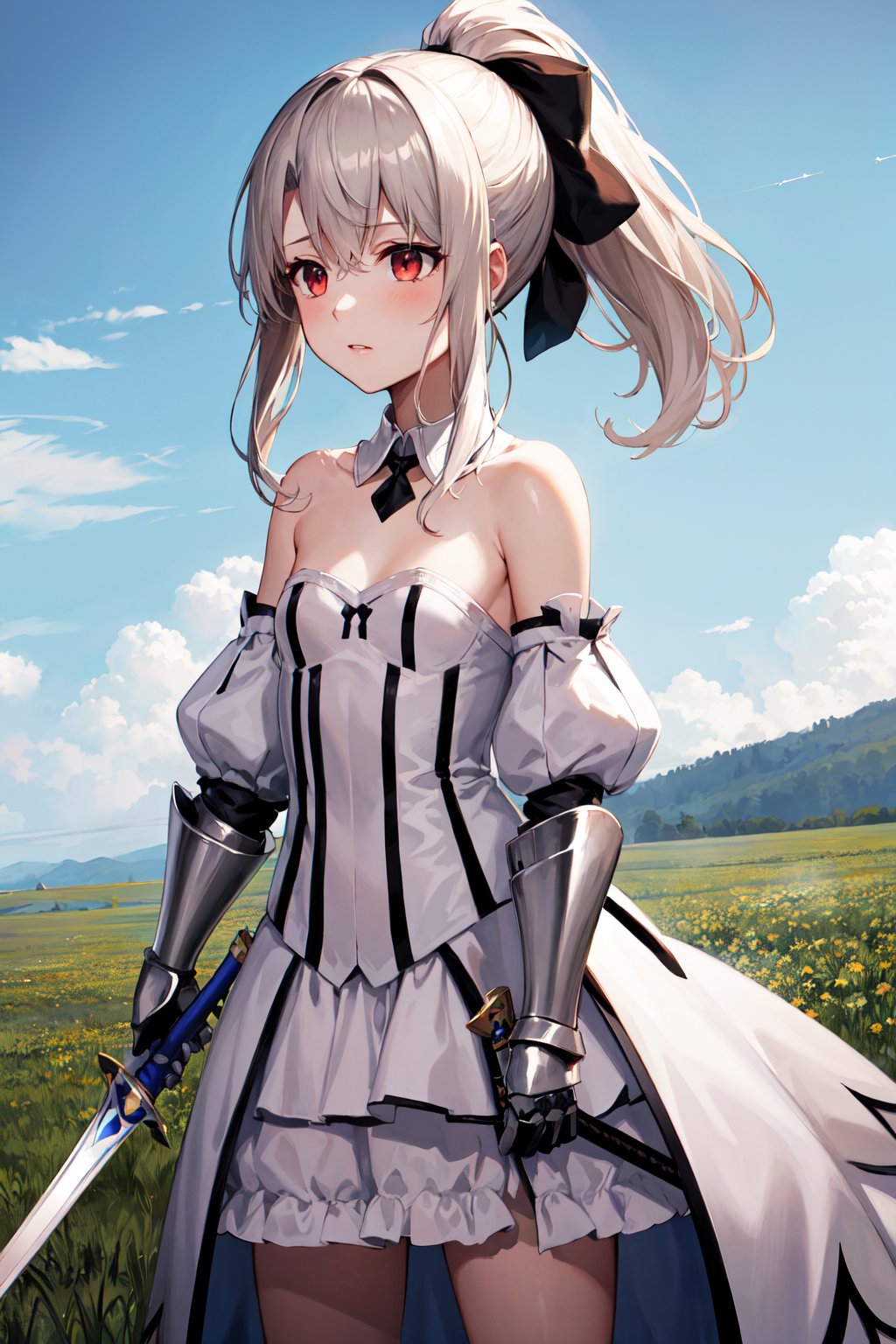 masterpiece, best quality, highres, aaillya, ponytail, sidelocks, hair bow, black bow, small breasts, detached collar, bare shoulders, armor, strapless dress, white dress, detached sleeves, gauntlets, <lora:illyasviel_von_einzbern_(fate_kaleid_liner)_v1:0.7>, standing, field, cowboy shot, holding sword, excalibur \(fate/stay night\), weapon, 