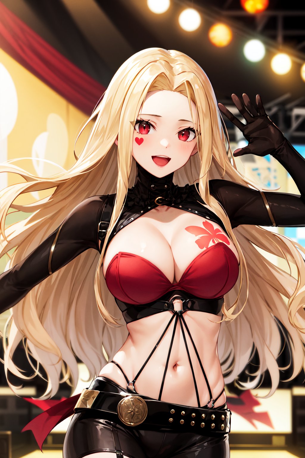 masterpiece, best quality, highres, aaluis, long hair, facial mark, mole under mouth, cleavage, breast tattoo, shrug (clothing), red bra, o-ring, long sleeves, black gloves, midriff, black belt, black pants, asymmetrical legwear, red thighhighs, <lora:luis_cammy_v1:0.7>, stage, waving, smile, open mouth, 