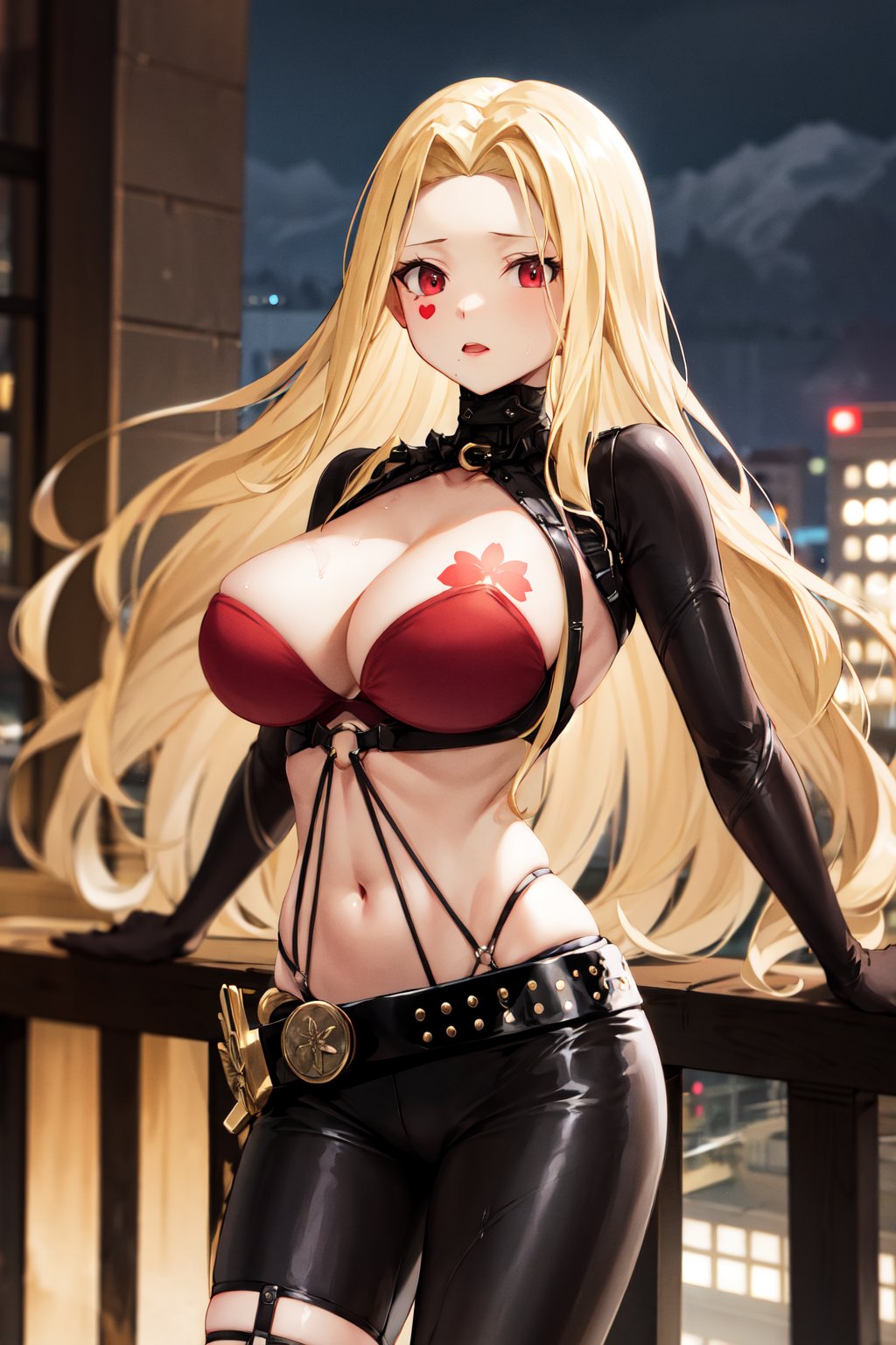 masterpiece, best quality, highres, aaluis, long hair, facial mark, mole under mouth, cleavage, breast tattoo, shrug (clothing), red bra, o-ring, long sleeves, black gloves, midriff, black belt, black pants, asymmetrical legwear, red thighhighs, <lora:luis_cammy_v1:0.7>, cyberpunk, standing, rain, wet, night, storm, 