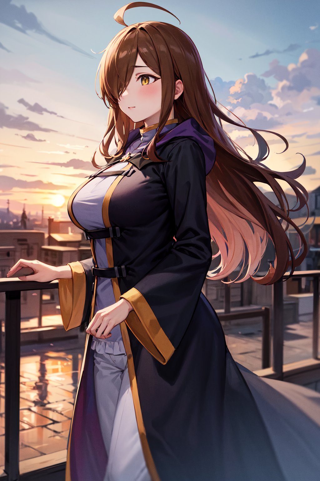 masterpiece, best quality, highres, 1girl, aawiz, long hair, ahoge, hair over one eye, large breasts, robe, long sleeves, <lora:wiz_(konosuba)_v1:0.7>, standing, town, outdoors, cowboy shot