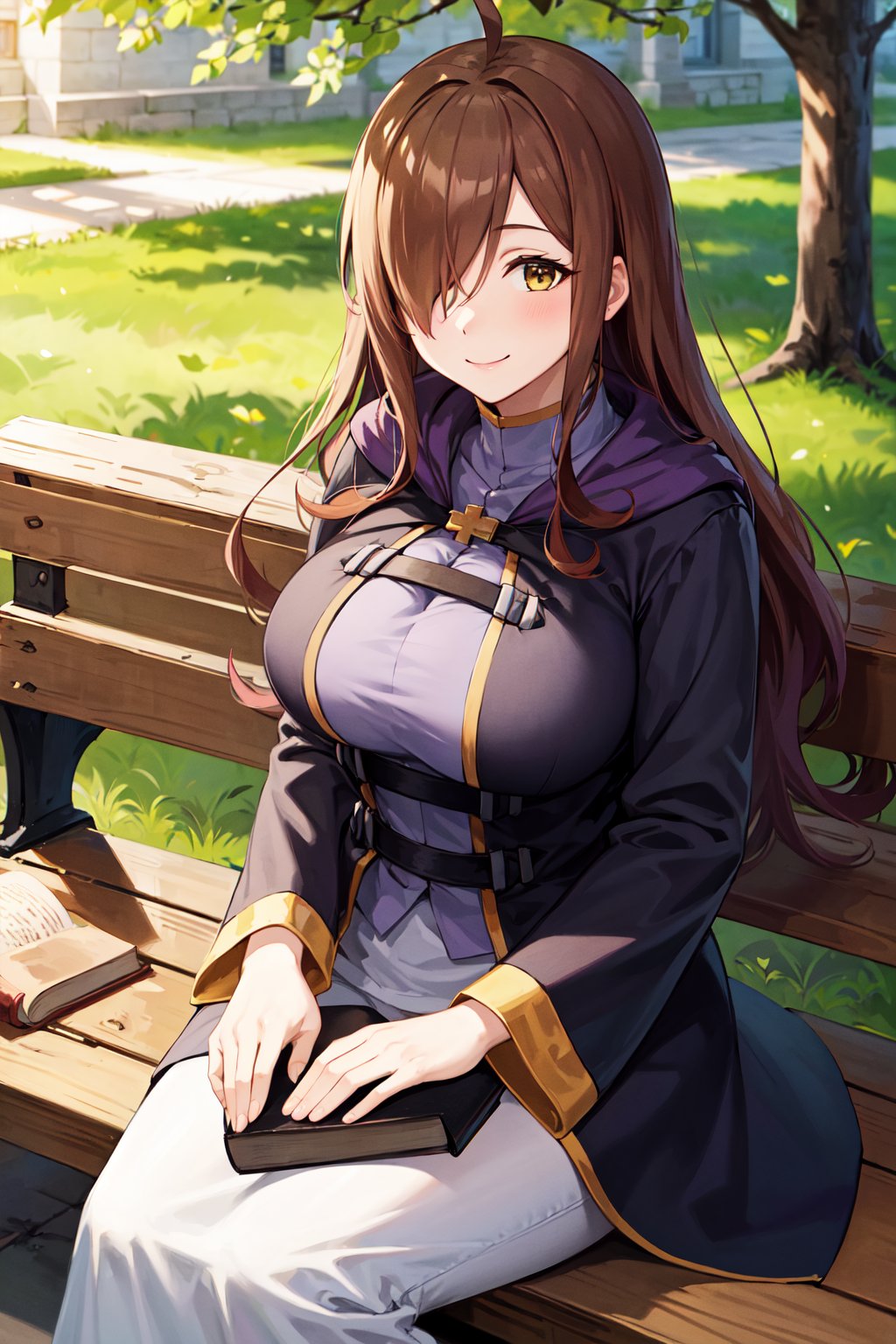 masterpiece, best quality, highres, 1girl, aawiz, long hair, ahoge, hair over one eye, large breasts, robe, long sleeves, <lora:wiz_(konosuba)_v1:0.7>, sitting, outdoors, bench, book, smile