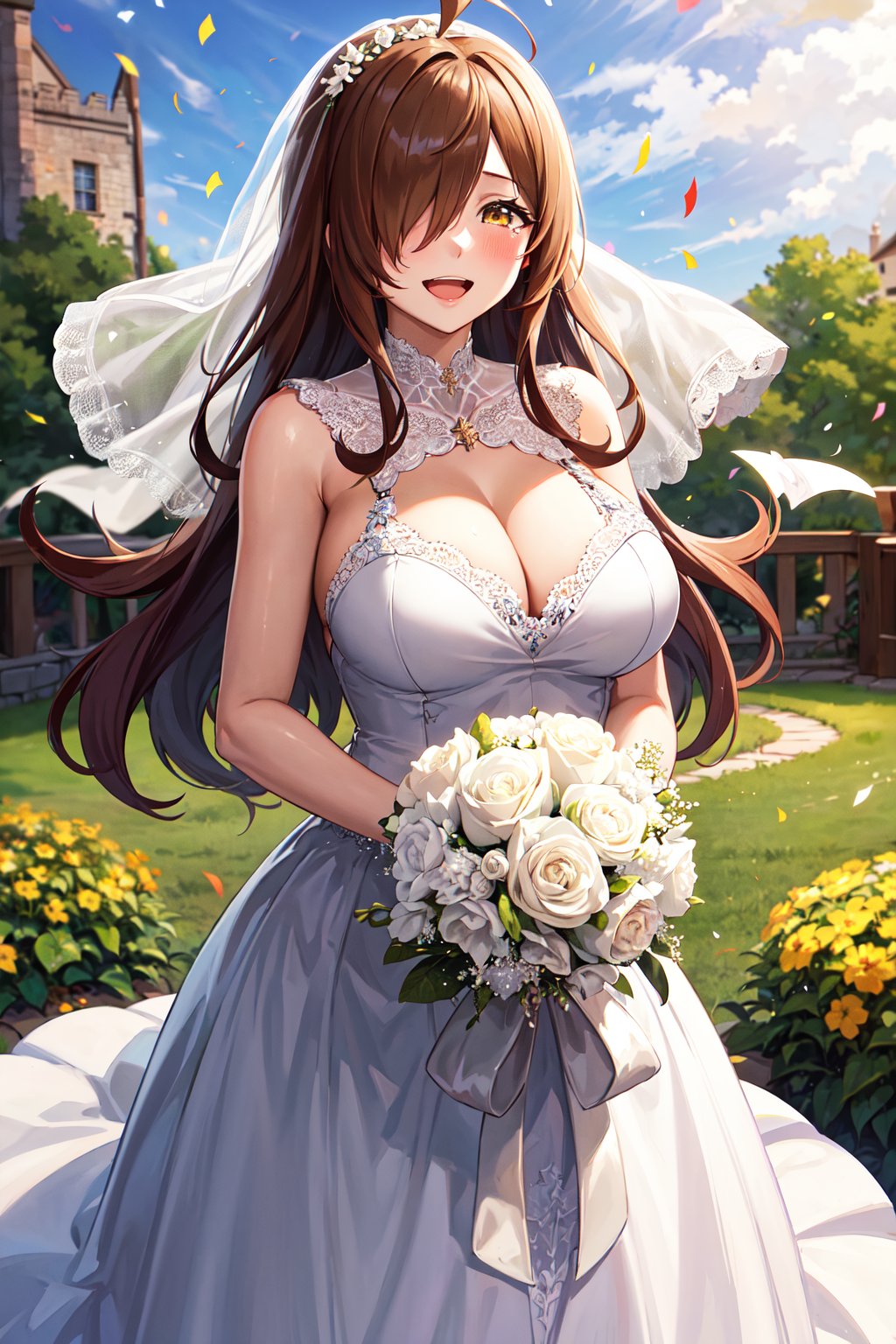 masterpiece, best quality, highres, 1girl, aawiz, long hair, ahoge, hair over one eye, large breasts, <lora:wiz_(konosuba)_v1:0.7>, wedding dress, bridal veil, garden, holding bouquet, standing, cowboy shot, smile, tears, open mouth, confetti, 