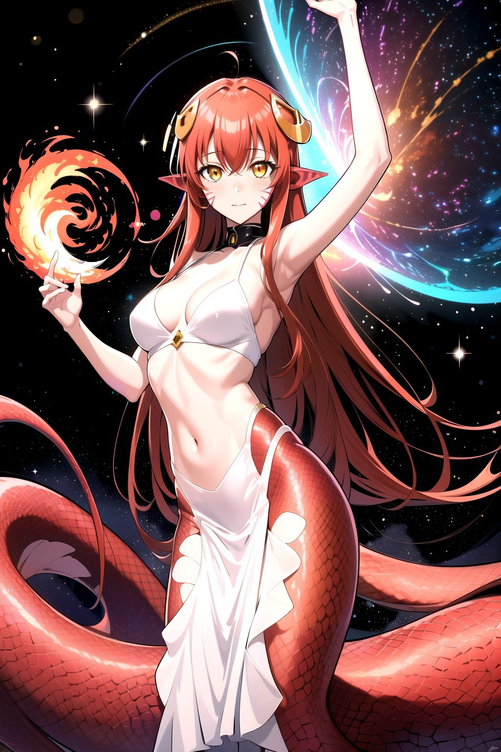 (masterpiece, best quality, highres), 1girl, solo,supernova, abstract, abstract background, (bloom, swirling lights, light particles),fire, galaxy, floating, romanticized, blush, looking at viewer,miia, miia \(monster musume\), lamia,facial mark, monster girl, hair ornament, pointy ears,yellow eyes, red hair, long hair, slit pupils,<lora:miia11:0.7>