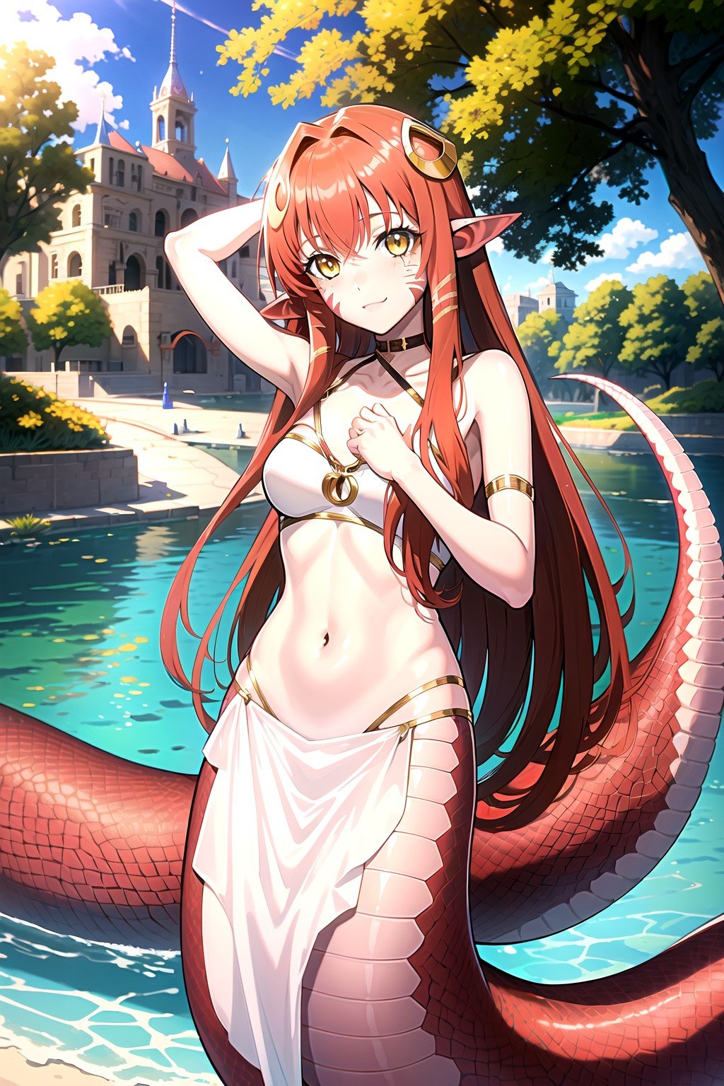 (masterpiece, best quality, highres), 1girl, solo,outdoors, scenery, looking at viewer, blush,miia, miia \(monster musume\), lamia,facial mark, monster girl, hair ornament, pointy ears,yellow eyes, red hair, long hair, slit pupils,<lora:miia11:0.7>