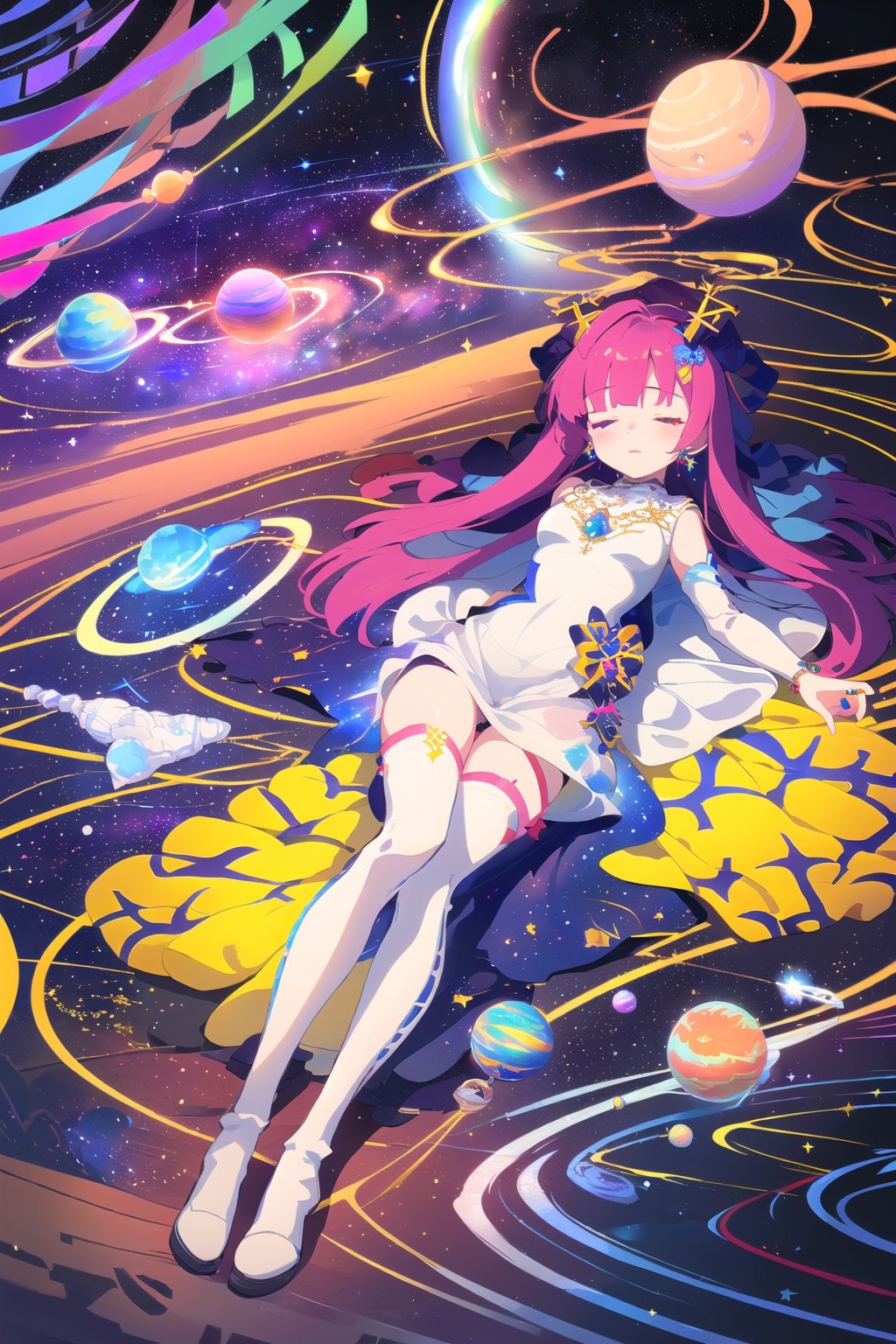 (from_above:1.5),(purple and blue background:1.1),(1girl:1.2),solo,white_hair,medium_breasts,((galaxy and jewelry adorns beautiful colorful dress+stocking+white knee boots):1.5),(starry_sky),(closed_mouth),(closed eyes:1.3),(floating:1.3),((face towards the sky)),(face focus),(lying:1.5),((falling from the sky)),((falling)),((face towards the sky)),(hair flows upwards),(space_background:1.3),(scenery),(overall_view),weightless,(floating_hair),((galaxy and jewelry adorns beautiful colorful dress+stocking):1.5),((Belts)),(leg loops),((Hosiery)),((white hair)),(night),(galaxy:1.3),(dark_background),universe,((earth \(planet\)):1.2),(solar system:1.3),black footwear,((the blue water on ground reflecting the starry sky and nebula and galaxy)),red_bowtie,light particles,shaded_face,beautiful_detailed_eyes,(milky way:1.3),(planets:1.35),<lora:Muse_DashV4-000390:1>,