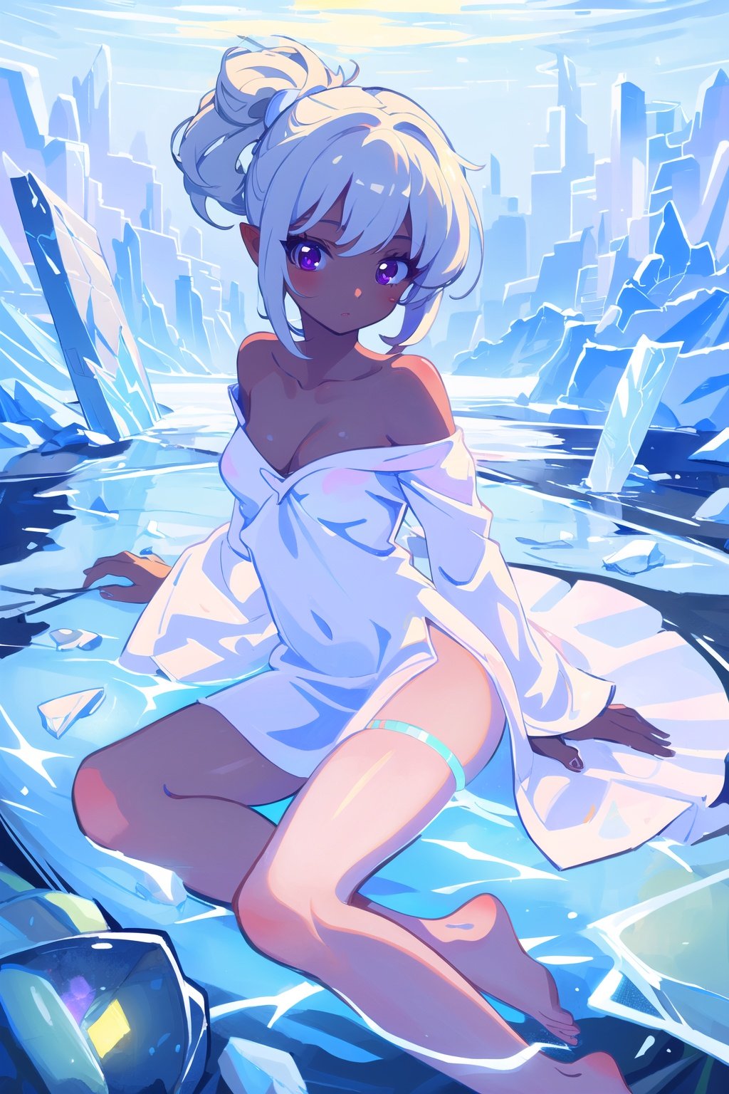 beautiful detailed glow,detailed ice,beautiful detailed water,((masterpiece)),(((best quality))),((ultra-detailed)),((illustration)),solo,girl,Dark skin,black eyes,white hair,disheveled hair,Loose hair,White glossy loose long hair,White off shoulder dress,barefoot,<lora:Muse_DashV4-000390:1>,