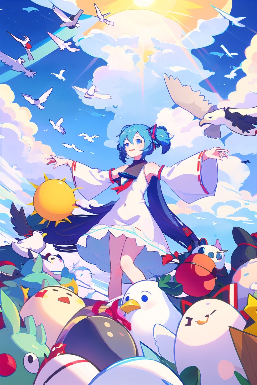 1girl,long hair,bird,dress,hatsune miku,hat,very long hair,solo,white dress,twintails,straw hat,sun hat,blue hair,outdoors,floating hair,cloud,seagull,ribbon,sky,bare shoulders,blue eyes,lighthouse,smile,aqua hair,sleeveless dress,<lora:Muse_DashV4-000390:1>,