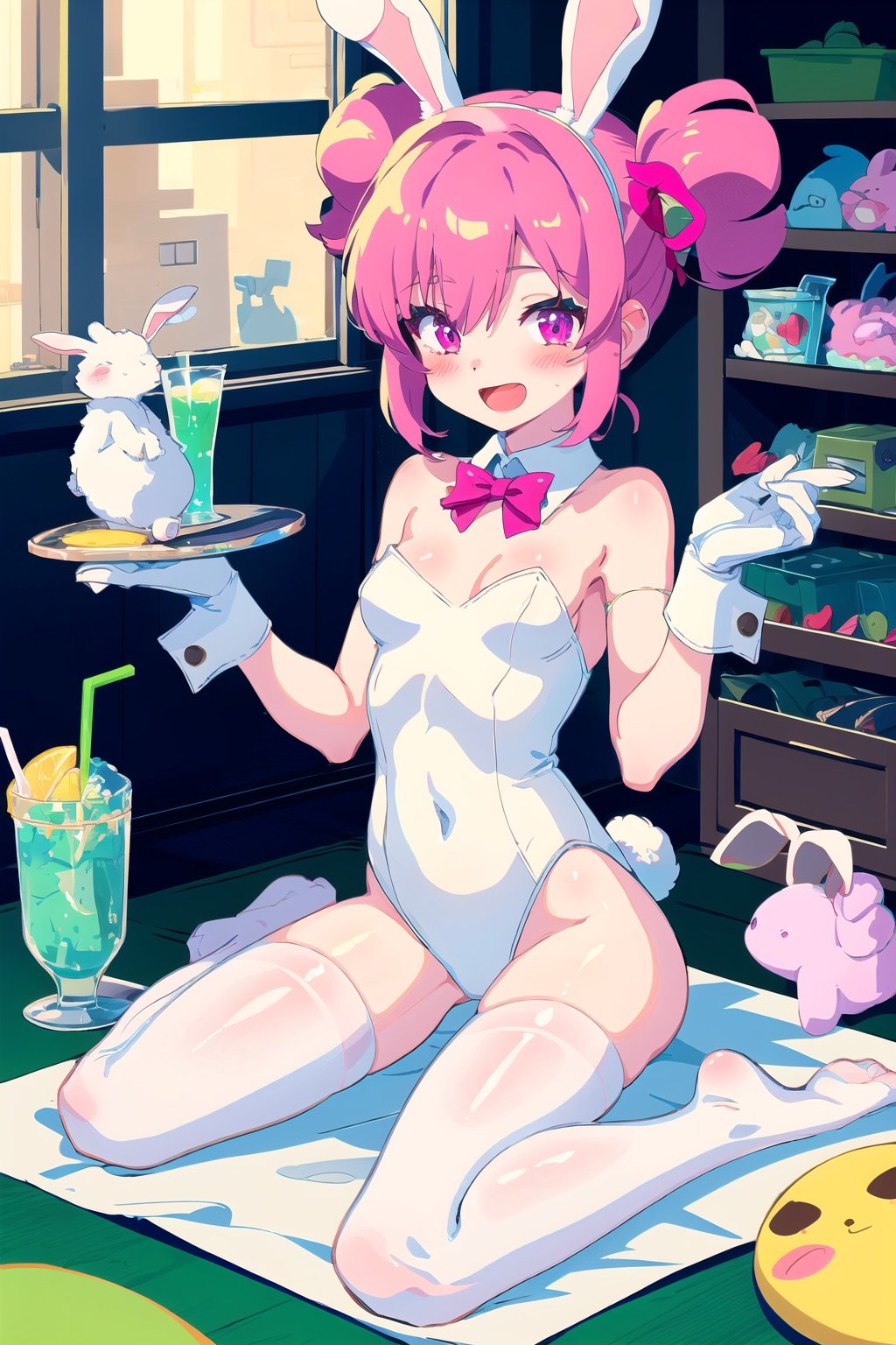 1girl,animal ears,pink hair,solo,rabbit ears,long hair,no shoes,fake animal ears,smile,looking at viewer,pantyhose,white gloves,twintails,:d,very long hair,small breasts,gloves,sitting,drinking glass,white hairband,bangs,blush,breasts,bare shoulders,white pantyhose,cup,reflection,open mouth,hairband,white leotard,covered navel,hair between eyes,indoors,pink eyes,thigh strap,wrist cuffs,wariza,leotard,ribbon,hair ribbon,full body,tray,<lora:Muse_DashV4-000390:1>,