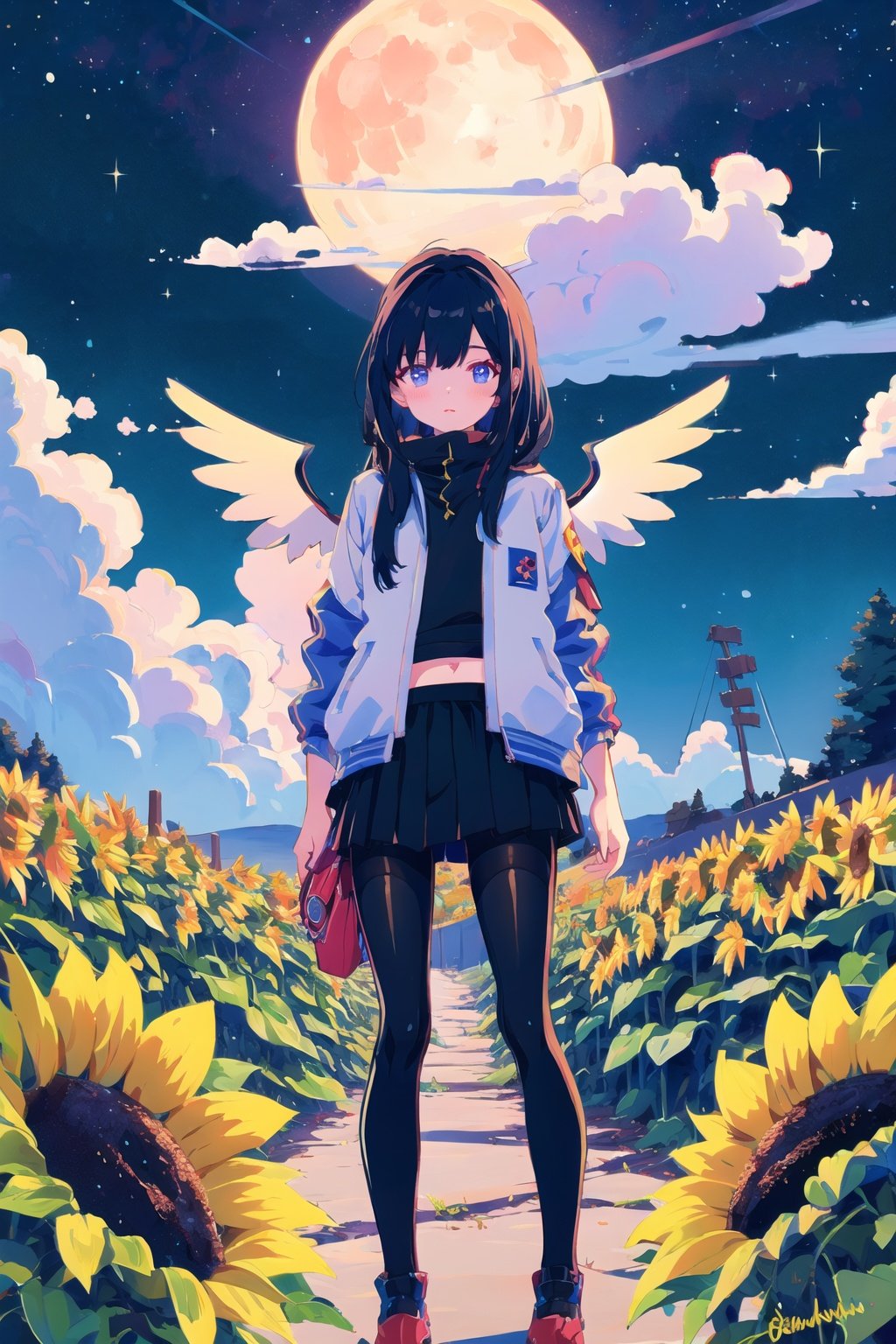 autumn leaves,black hair,blue sky,cloudy sky,day,jacket,kneehighs,milky way,moon,night,outdoors,overgrown,pants,pantyhose,plant,scenery,serafuku,short hair,signature,skirt,sky,solo,standing,sunflower,tree,utility pole,whale,wings,<lora:Muse_DashV4-000390:1>,