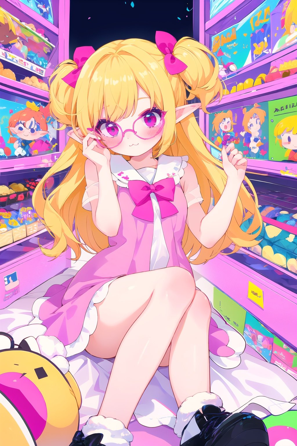 1 girl,blond hair,full bangs,long curly hair,wearing pink big bow,pink round glasses,:3,black eyes,pink dress,pink shoes,elf,<lora:Muse_DashV4-000390:1>,