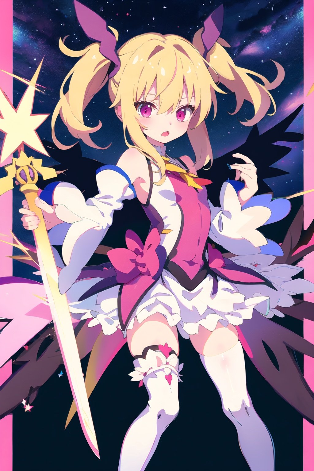 a anime character with a sword and a pink outfit on her chest and a purple background with stars and a blue star on her left arm and a purple background with a blue and white star with a white and pink and white border with a blue and white border with a white and white and white,1girl,illyasviel von einzbern,long hair,thighhighs,solo,hair ornament,prisma illya,holding,red eyes,thigh boots,star \(symbol\),detached sleeves,feathers,boots,looking at viewer,pleated skirt,1girl,illyasviel von einzbern,solo,long hair,magical girl,thighhighs,hair ornament,red eyes,open mouth,prisma illya,detached sleeves,star (symbol),looking at viewer,thigh boots,holding,white hair,magical ruby,wand,skirt,boots,dress,hair between eyes,<lora:Muse_DashV4-000390:1>,