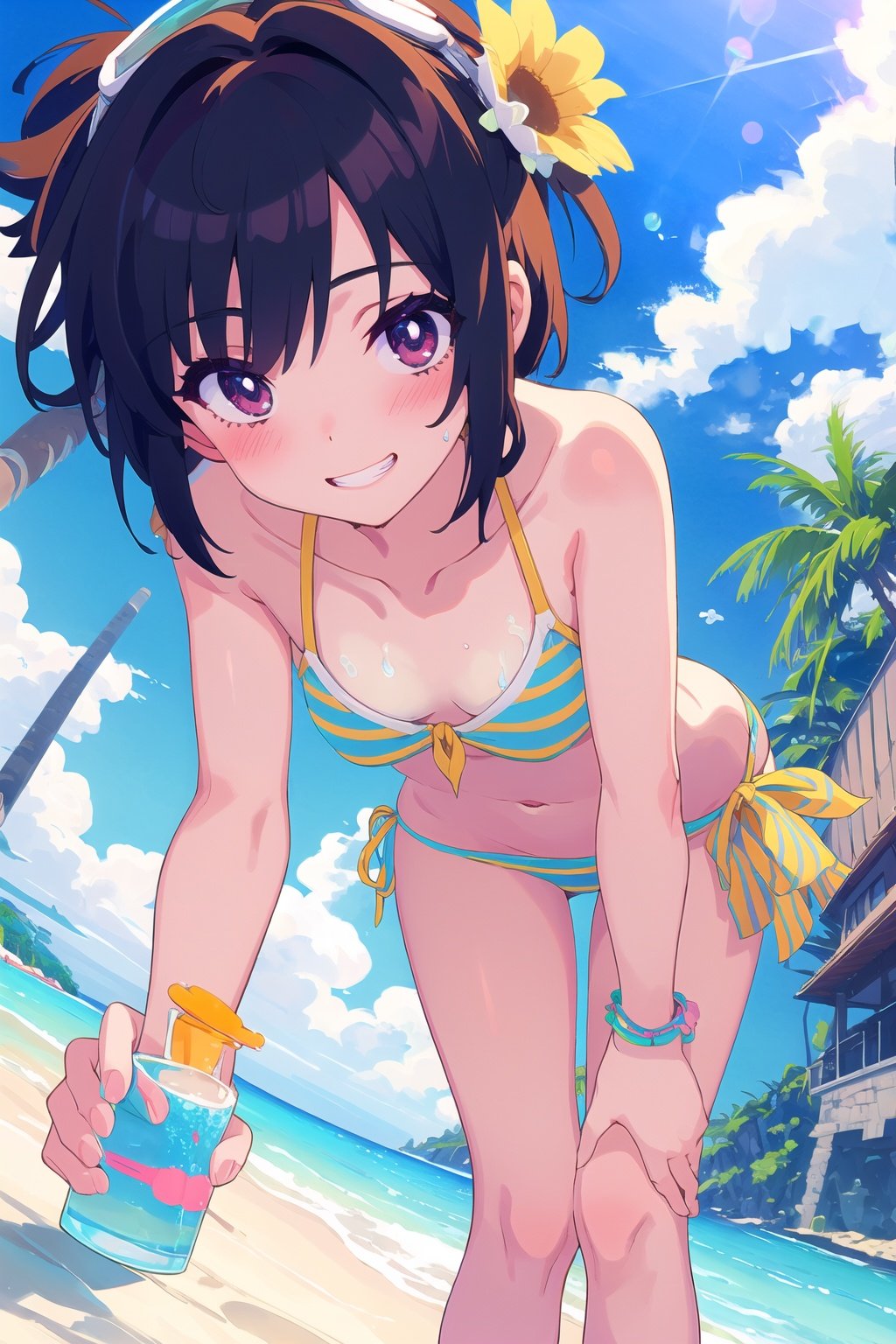 1girl,swimsuit,kikuchi makoto,bikini,solo,short hair,smile,black hair,goggles,antenna hair,black eyes,grin,breasts,beach,day,looking at viewer,navel,shirt,striped,ocean,tied shirt,bent over,wet,striped bikini,cleavage,small breasts,outdoors,off shoulder,side-tie bikini bottom,leaning forward,sky,blush,water,hand on own knee,goggles on head,blue bikini,cloud,midriff,collarbone,dutch angle,front-tie top,downblouse,bare shoulders,medium breasts,<lora:Muse_DashV4-000390:1>,